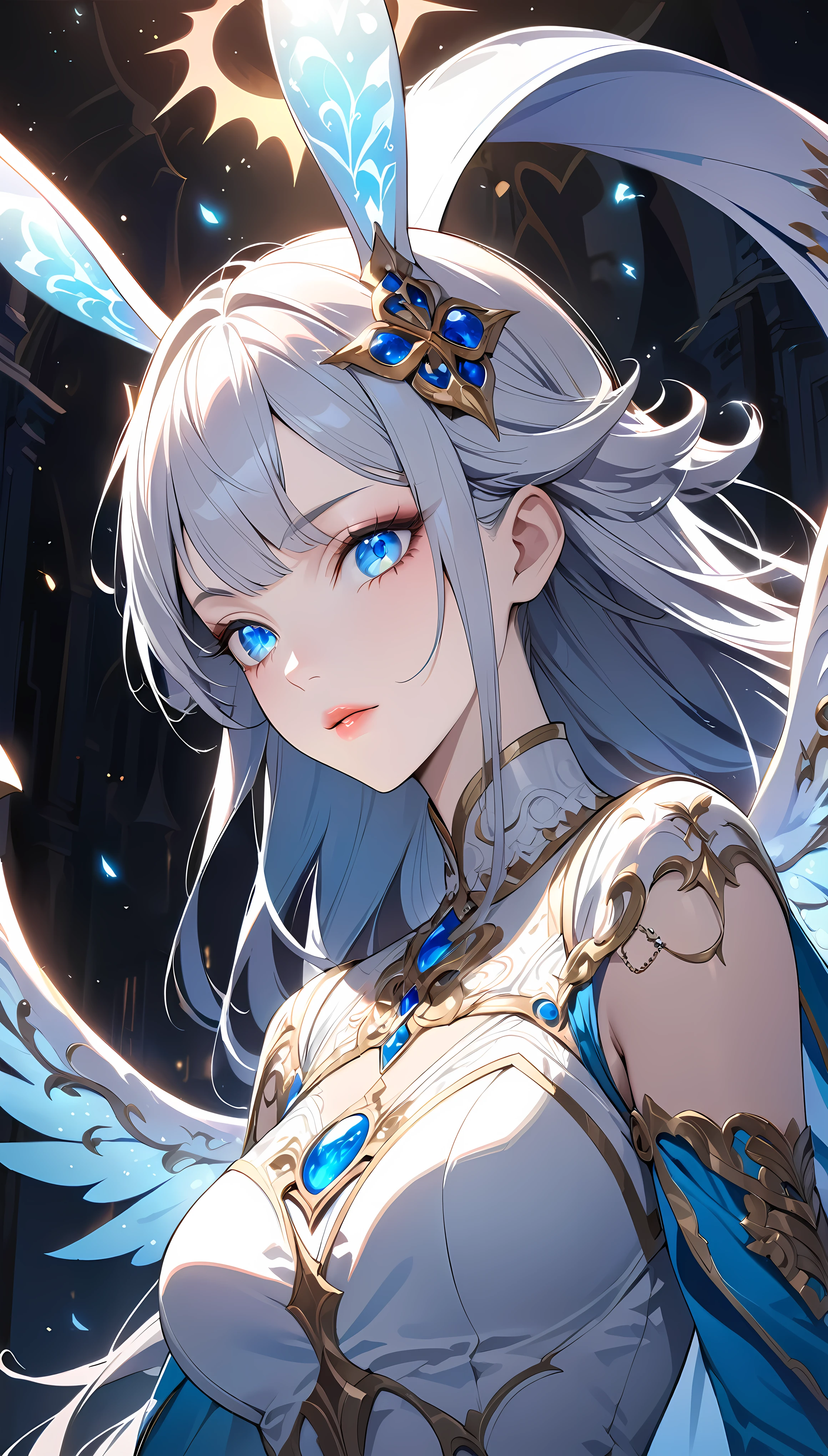 A beautiful angel-like female warrior with long rabbit ears, intricate character design, mystical, aya, Halloween magic, 1girl, detailed facial features, beautiful detailed eyes, beautiful detailed lips, extremely detailed face and portrait, long eyelashes, elegant royal dress, glowing angelic wings, intricate armor, detailed ornaments, dramatic lighting, cinematic, fantasy, dramatic pose, fantastical, ethereal, dramatic colors, vibrant, digital art, concept art, hyper detailed, 8k, masterpiece, best quality, photorealistic, Halloweenイベントコラボキャンペーン, 