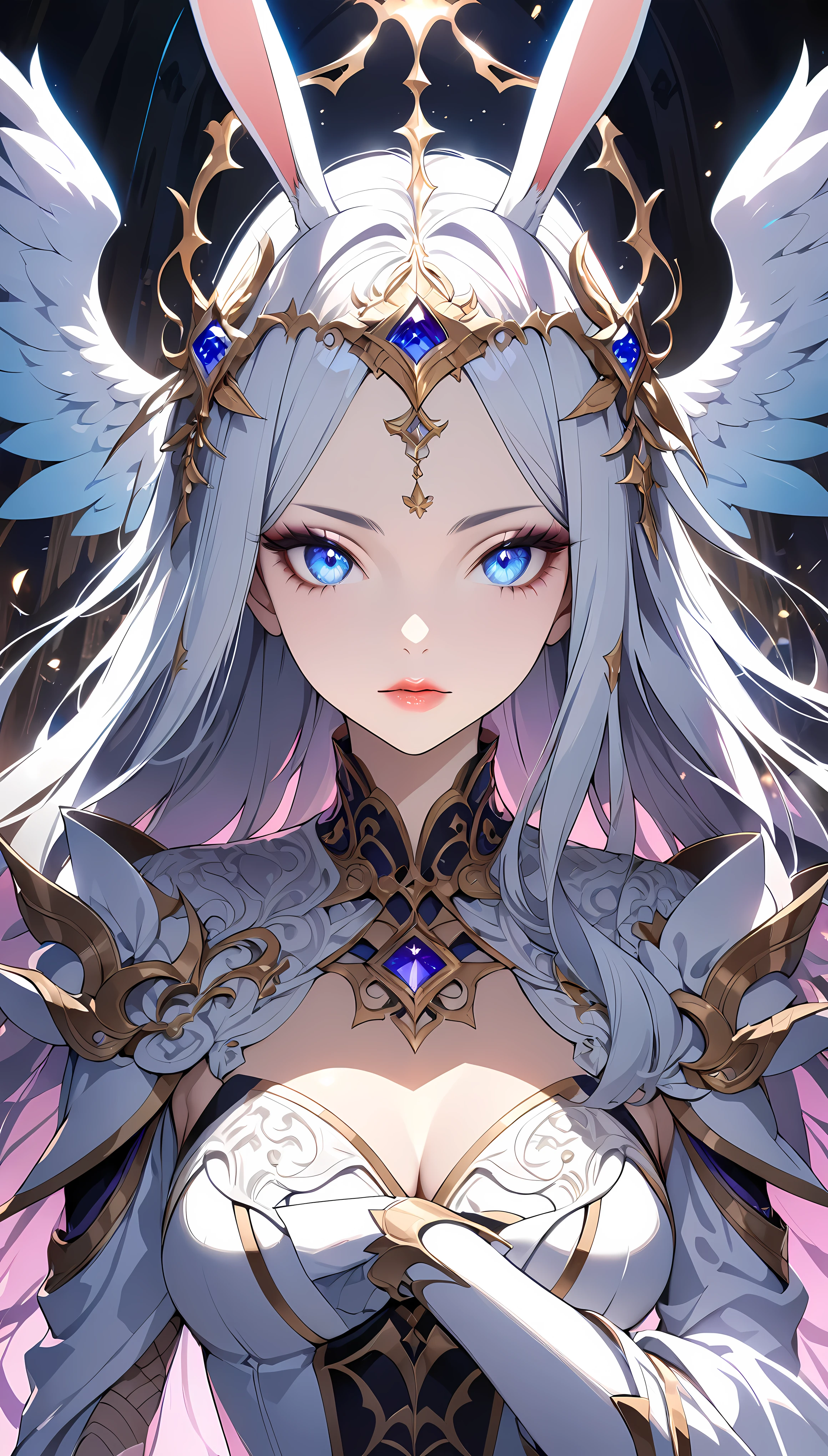 A beautiful angel-like female warrior with long rabbit ears, intricate character design, mystical, aya, Halloween magic, 1girl, detailed facial features, beautiful detailed eyes, beautiful detailed lips, extremely detailed face and portrait, long eyelashes, elegant royal dress, glowing angelic wings, intricate armor, detailed ornaments, dramatic lighting, cinematic, fantasy, dramatic pose, fantastical, ethereal, dramatic colors, vibrant, digital art, concept art, hyper detailed, 8k, masterpiece, best quality, photorealistic, Halloweenイベントコラボキャンペーン, 