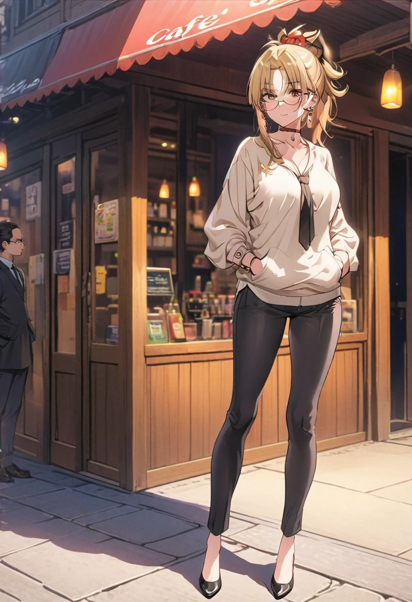 mature woman, long tied black hair, long nose, white polo, black necktie, fitted pants, tall woman, long legs, full body, tall woman, long legs, big , skinny legs, anime cover, 1girl, ear piercings, hands in pockets, adult-like look, cafe background,(\xiao gong\), full body, blonde hair,ponytail, hair ornament,yellow eyes,choker, cleavage,chestwhole body , solo, 1 person, full body 1women ,4k, 8k, uhd, hdr, detailed background,mature female, wearing round glasses, full body,
