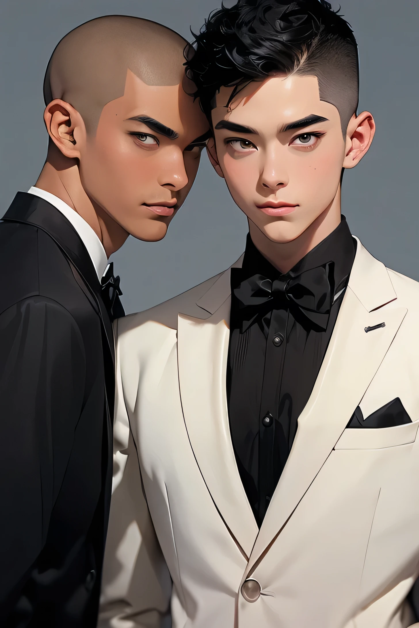 Japanese　　Handsome　Short cut　Shaved head　Black Hair　male　Fierce　Breaking smile　Black Tuxedo　formal　Upper Body　Background Universe　Short cut　Shaved head　Men flirting with each other　Looking at the camera