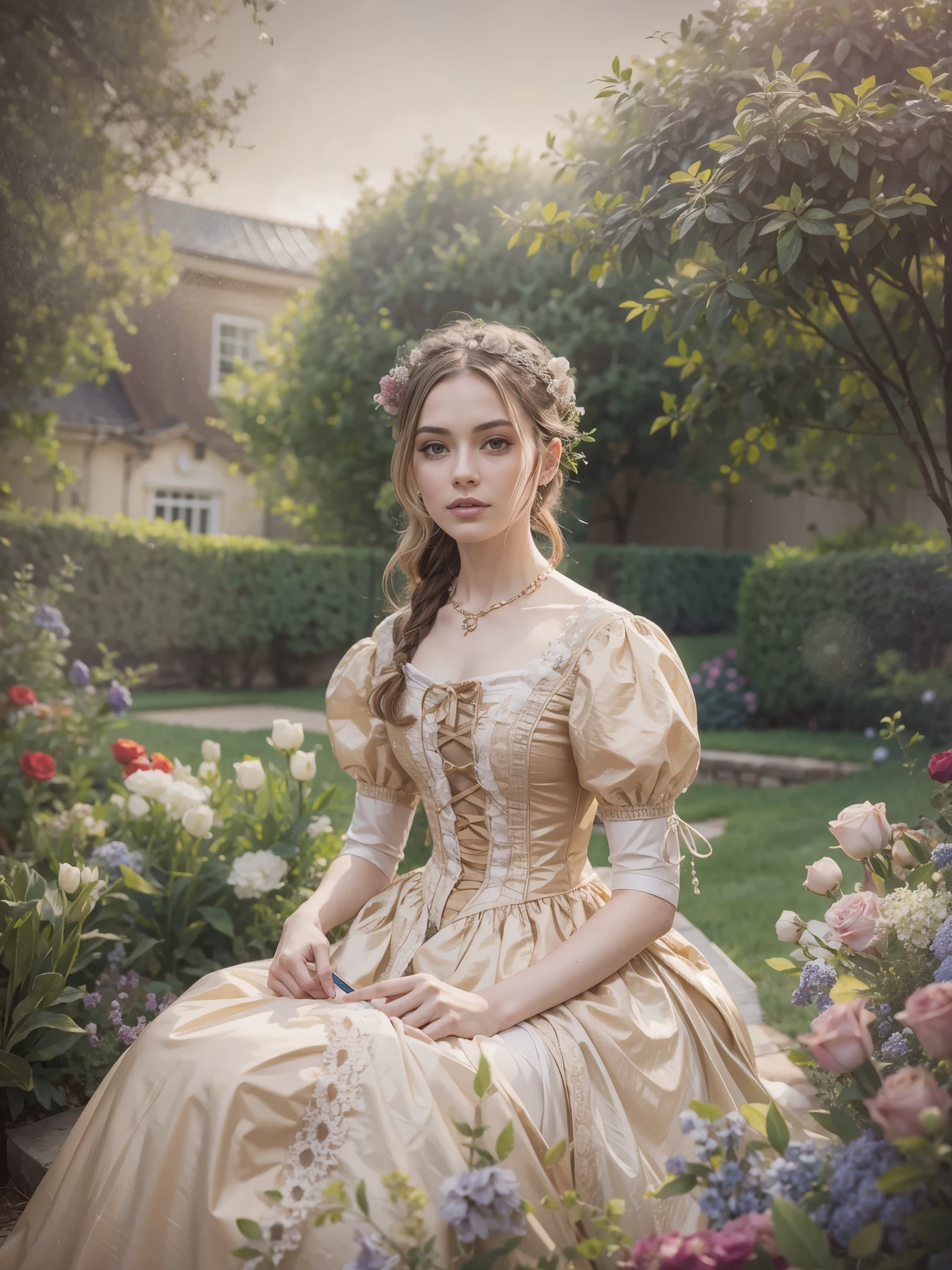 Garden in front of a 9th century nobleman&#39;s mansion、Pale-toned watercolor painting of a teenage girl