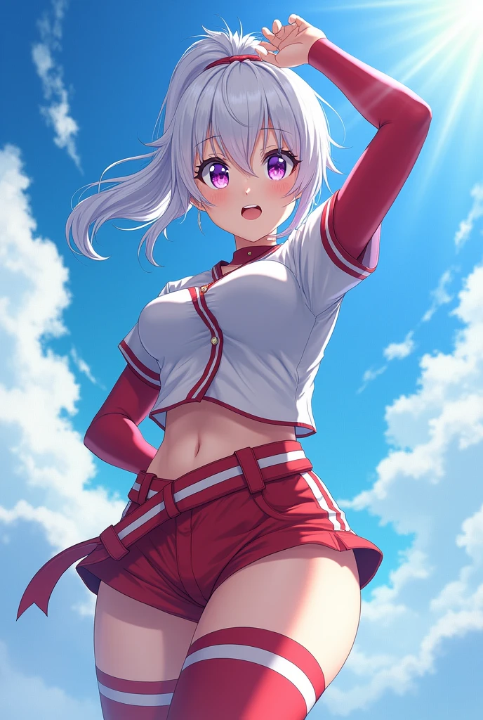 masterpiece,Highest quality,high definition,High resolution,4K,8k,Ultra high definition,Anime illustration style、one girl,Bright anime style illustrations、Silver hair with fox ears, tied in a high ponytail、It depicts a cheerful girl with a big blue ribbon。The girl was performing as a cheerleader.、It is posed in a dynamic manner.、She is wearing a sleeveless, midriff-baring outfit with white and red accents.。The expression is bright、Eyes wide open, mouth wide open and smiling。The background features a blue sky and fluffy white clouds.、{{Scene blue sky and clouds}}。The lighting accentuates the lustrous texture of her hair and the soft curves of her body.、The overall color palette is bright and cheerful.、The vivid colors of her white and red outfit contrast with the warm color of her hair.。Low angle ,fashion model posing ,pom pom ¥(cheer leading¥)cheerleader,