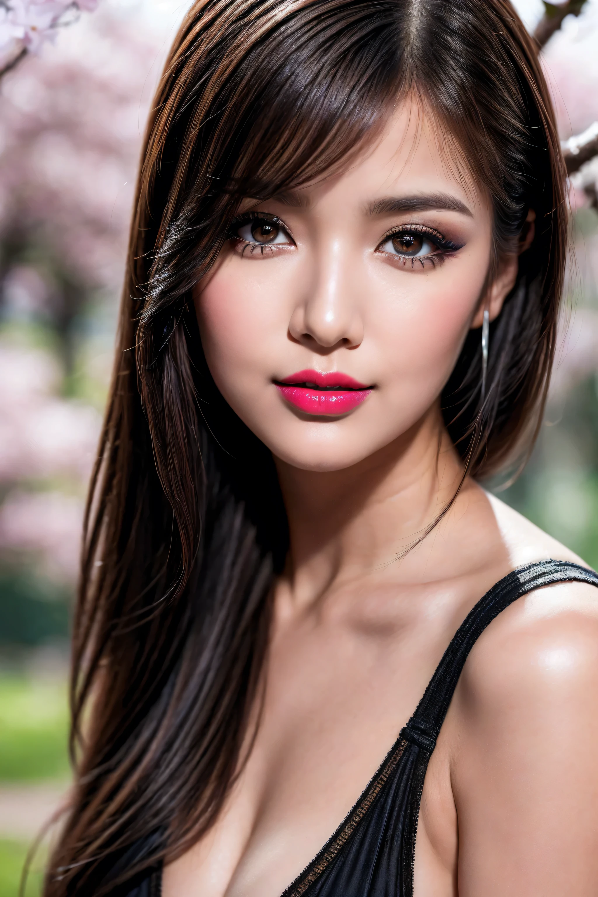 Realistic (photorealistic Realism), (high resolution), (intricately detailed digital art), (ultra realistic texture details: velvety skin, hair.), (professional photography, (glamour shot of girl:1.2), (sharp focus, not blurry, Ultra resolution, absurd quality, Realistic, brown_eyes:1.35), ((extremely fine details eyes)), (tired and sleepy and satisfied:0.0), (Thin eyebrows), Carefully draw blue_eyelashes:1.15, (perfect round eyes:1.2), (extremely fine details round pupils:1.3), (extremely fine details of iris) (professional makeup:1.25), ((perfect dark_eyeshadows:1.35)), detailed lips:1.3, (apply glossy red_lipstick:1.25), (pink_makeup:1.3), (beautiful little nose), perfect proportions, anatomically correct, perfect female body, (firm and full breasts:1.2), (Super beautiful), (vivid and colorful), The attention to detail, focus of girl, dynamic pose, sexy and seductive, flirty smile, dslr, high quality split lighting, sharp focus captured by Fujifilm XT3, f 5.6, in a dramatic lighting. (perfect composition), (outside,an orchard of blooming cherry trees), ((random u%u top:1.35)), exquisite balance of shadows, look at the viewer,