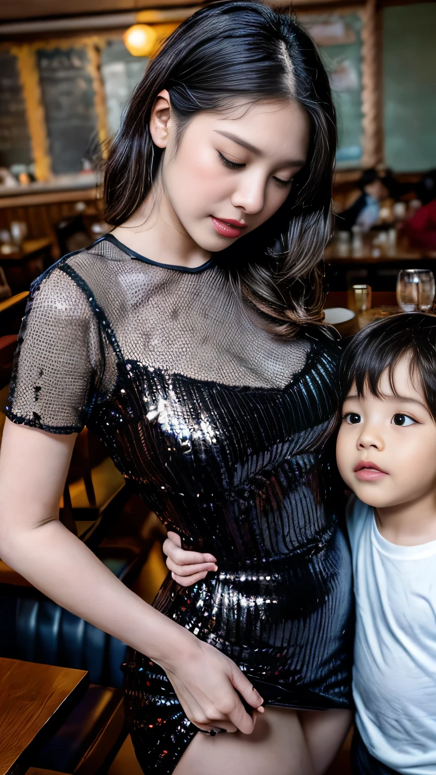 ​masterpiece, Best quality at best, (High Detail), ((Beautiful teacher and cute son:1.4)), (couple), ((Sequins revealing the curves of the body_ao redor_glittering_Mesh_see -through_lace_repair_pencil (The dress)A teacher of enchantment who wore)), (A cute son is always attached to his mother, Height 100 cm, , Cute appearance with short hair), ((Looking down)), Deep Focus, (Beautiful mature Korean woman:1.3), (FullHD epic wallpaper), EF 85mm lens, Award-winning glamour photos, (((Very slender waist))), ((Height 177cm)), (huge buttocks), (very big bust), ((Chubby thighs)), Long leg, (perfect glossy shiny skins), Beautiful detail eyes, (Natural wavy black hair), Swaying hair, blossom_field, woods, (Camisole), (Sequined dresses:1.2), (nightclub:1.2), white hairband, Red sweater, (Wearing a pencil skirt), Women's short top, living room, ((Romantic honeymoon bedroom)), Garden and beautiful cherry blossoms, (glittering), ((clear skin)), (Fishnet panties), (((((A seductive teacher in a see-through sequined dress caresses each other at a restaurant with her cute son)))))