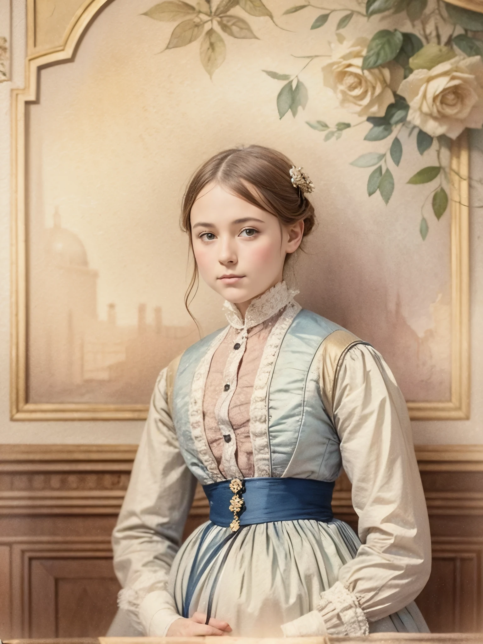 The great hall of a 19th century aristocratic mansion、Pale-toned watercolor painting of a age girl