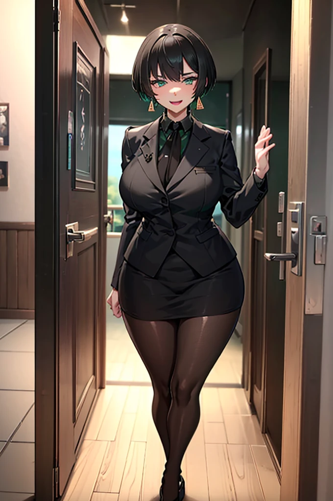 masterpiece, Please redeem, 1 person,( Big Breasts, Standing,),Detailed Background、A person who writes in detail、Accurate human body、Knowledgeable person、5 correct answers、Mature Woman,Thick thighs,Wounded body,Alone,,formal,suit,Black jacket,black tie,Long sleeve,Pencil Skirt,pantyhose,Earrings,((Pussy ejaculation)),Movement_OK,throw_doorway,((NTR)),(netorare),((Peeking through the open door)),((looking through Open door gap)),(Open door gap),((((Vulgar))))