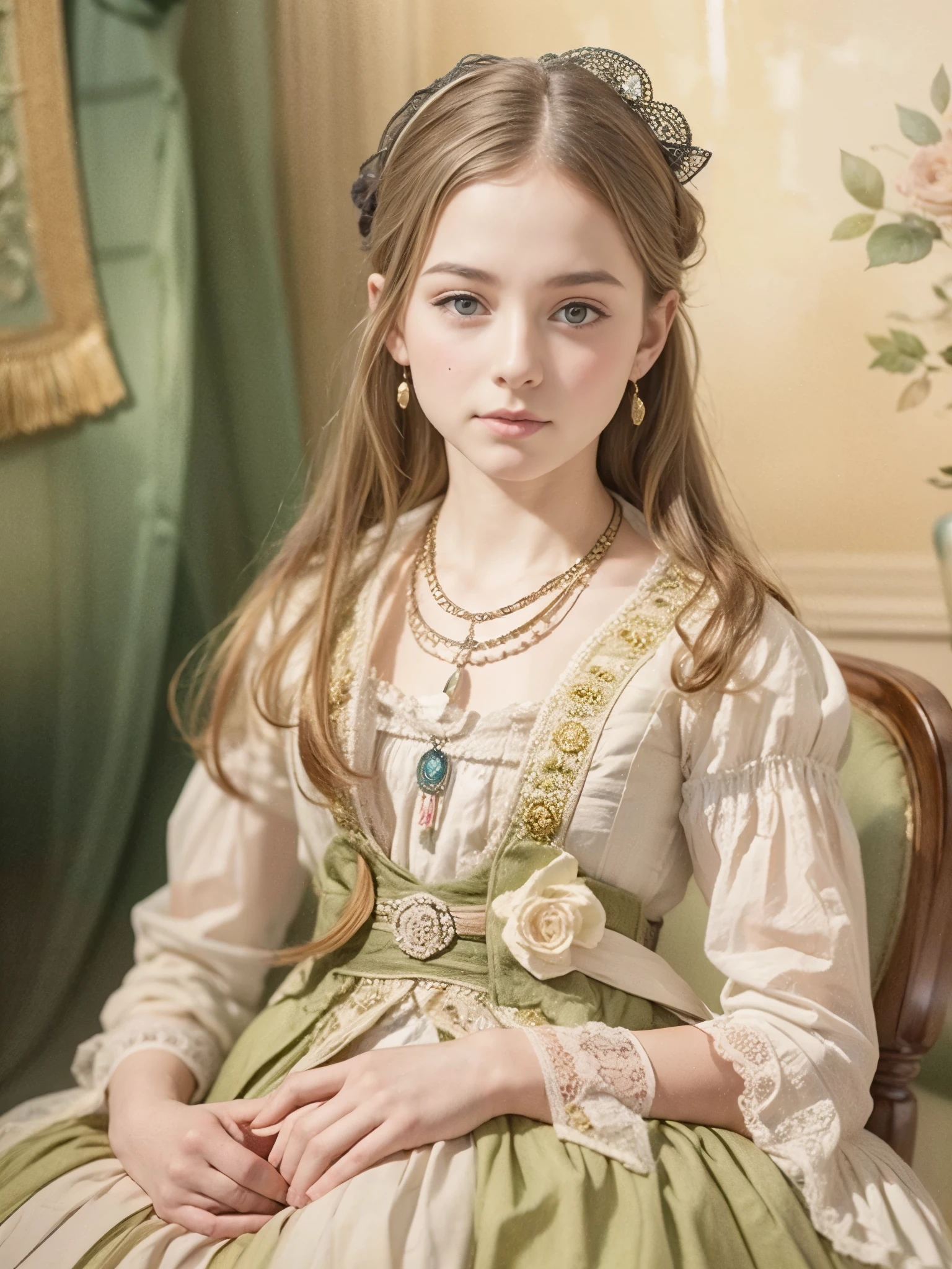 The great hall of a 19th century aristocratic mansion、Pale-toned watercolor painting of a age girl