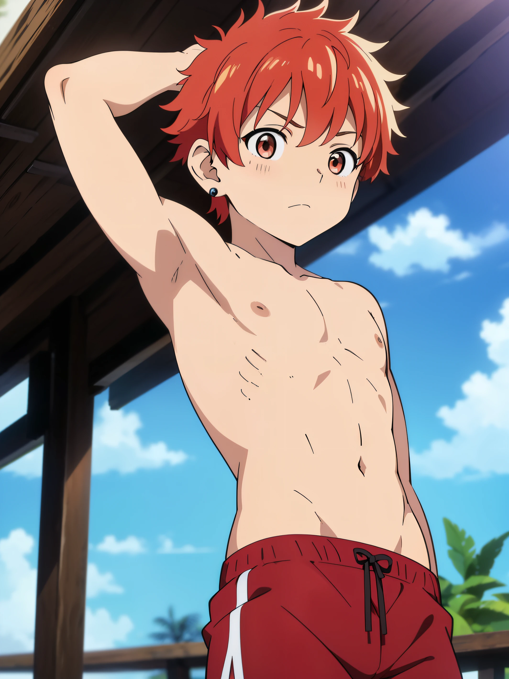 Highres, Masterpiece, Best quality at best,Best Quality,hight quality, hight detailed, Anime style, 1boy, Boy, Shota, Solo person, Tanjiro_kamado, Demon slayer, Earring, Shirtless, bare chest, Belt, Summer day, Laugh, Slim body, Upper body, Blurry beckground, Seen from the front, (Showing armpit:1.3), ( boy), (very small and short body), Uhd