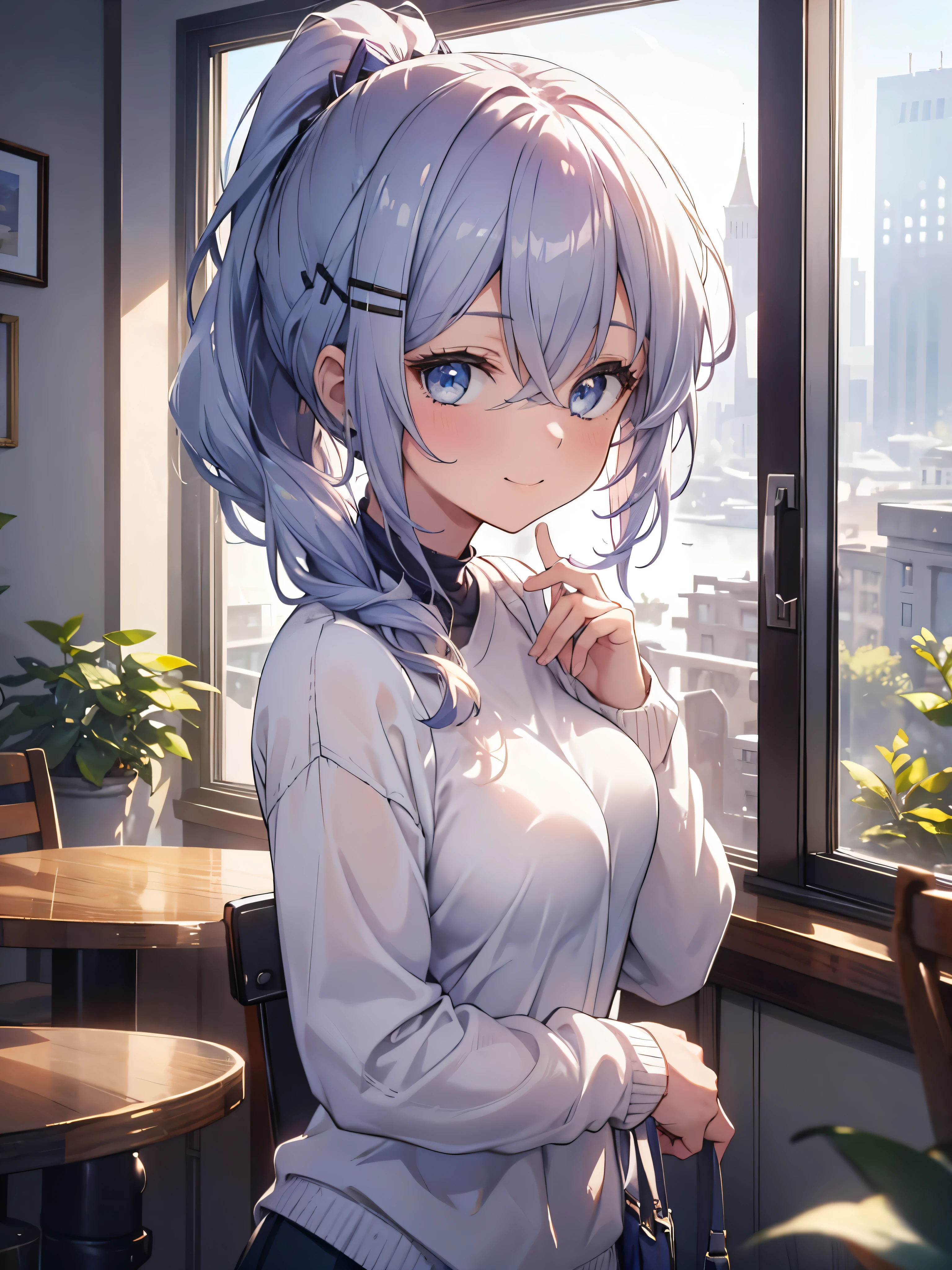 Silver-haired blue eyes、 girl、small breasts、twin tails、laughter、Nico Nico Smile、wearing a knit cardigan、girl、Looks about 15 years old、Petan Musume、are in the classroom、private server、 girl