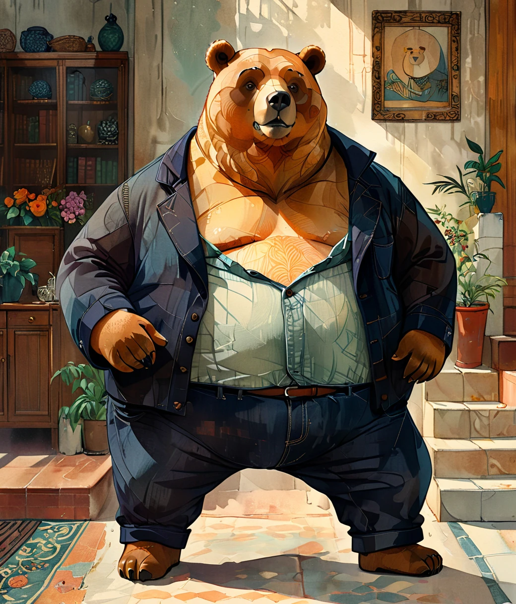 style of Diane Dillon, (cute, fat, obese, anthro, male, bear), solo, full body, ((pants)), dynamic pose, hires textures, highly detailed, intricate details, best quality, masterpiece, detailxl