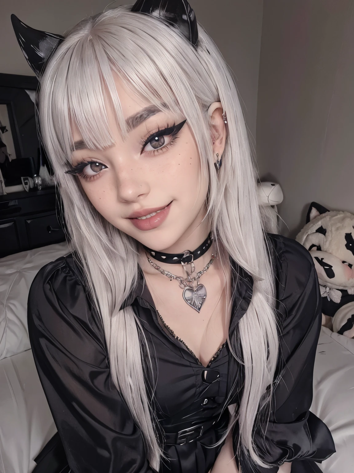 1girl, egirl, white hair, straight hair, freckles, devil horns, gothic dress, dog collar, eyeliner, mascara, eye shadow, smoky eyes, nose ring, smile, teeth, bedroom, egirl_face