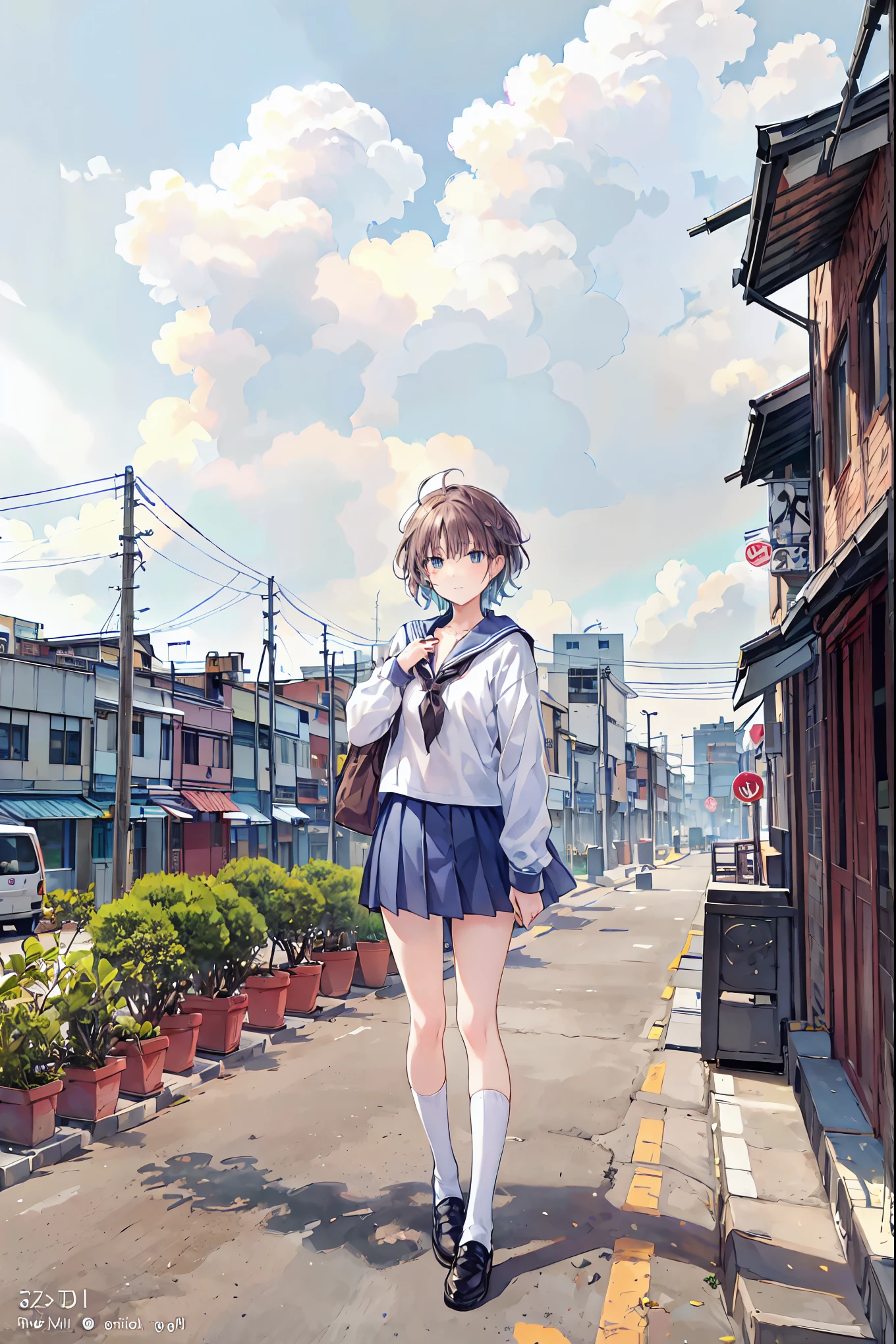 Anime girl walking down the street in a short skirt and white shirt ...