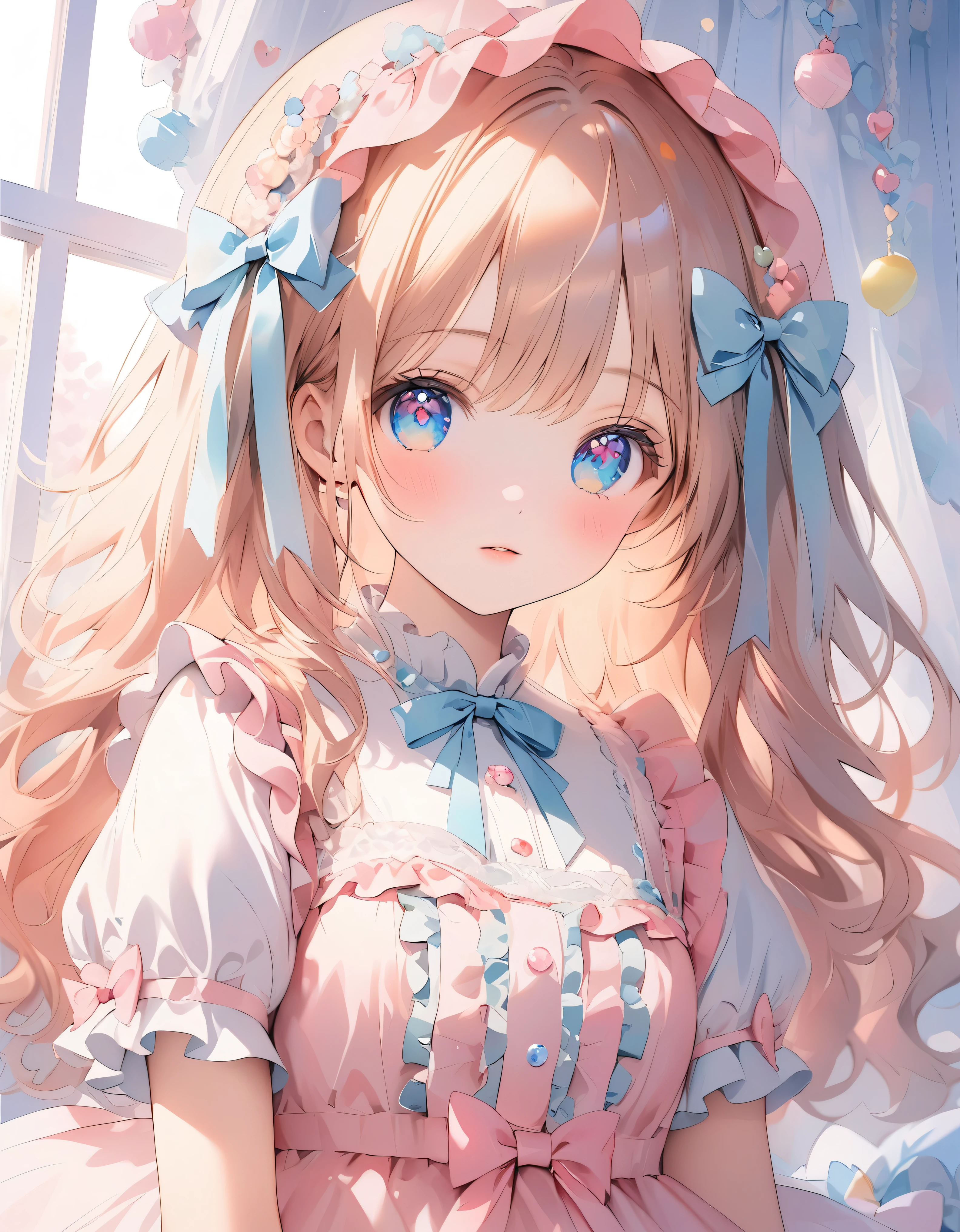 ((ultra quality)), ((ultra detail)), ((top quality)), pastel colored fluffy cute dress, frills and lace and ribbon, (sweety bedroom:1.2), cowboy shot, portrait, hyper detail face, hyper beautiful eyes, ((anatomically correct)), (((correct hand))), soft lights, soft edge, RAW photo, mixed technique of oil painting and watercolor,