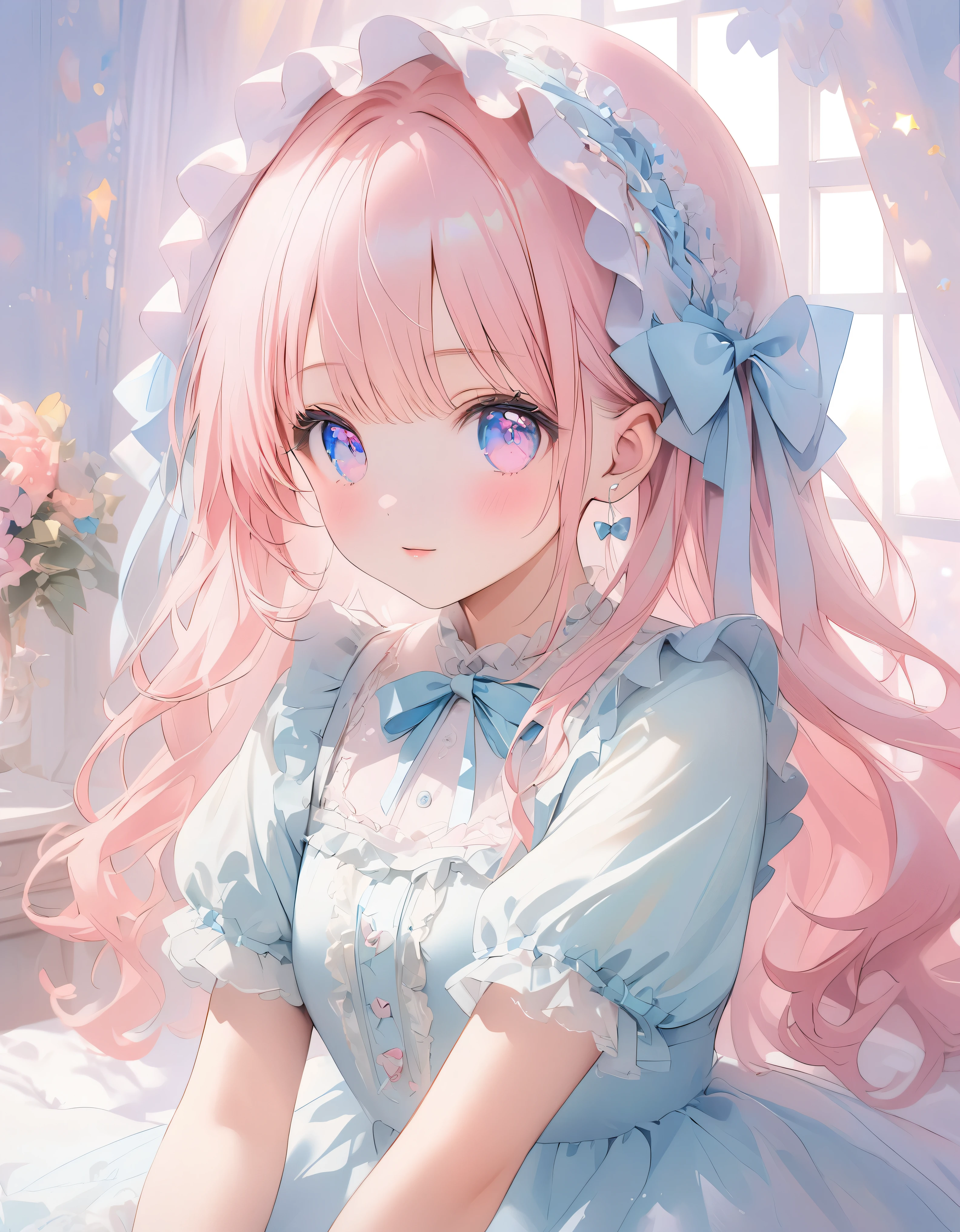 ((ultra quality)), ((ultra detail)), ((top quality)), pastel colored fluffy cute dress, frills and lace and ribbon, (sweety bedroom:1.2), cowboy shot, portrait, hyper detail face, hyper beautiful eyes, ((anatomically correct)), (((correct hand))), soft lights, soft edge, RAW photo, mixed technique of oil painting and watercolor,