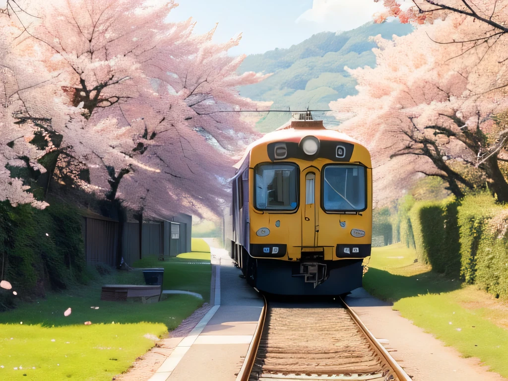 anime、High image quality、High resolution、Train coming out of the tunnel、Two-car formation、Local Lines、Cherry trees all around、Spring Morning、Cherry blossom petals are falling、The wind is blowing、Soft sunlight、