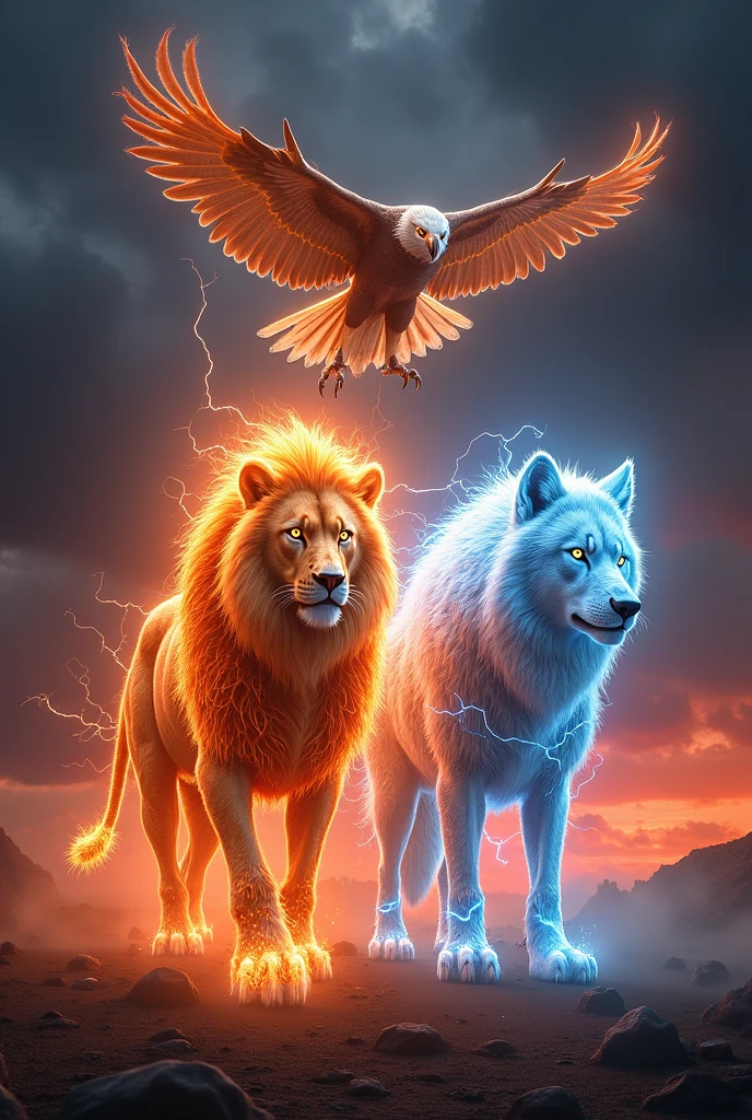 A lion made of fire a wolf made of lightning an eagle made of storm 