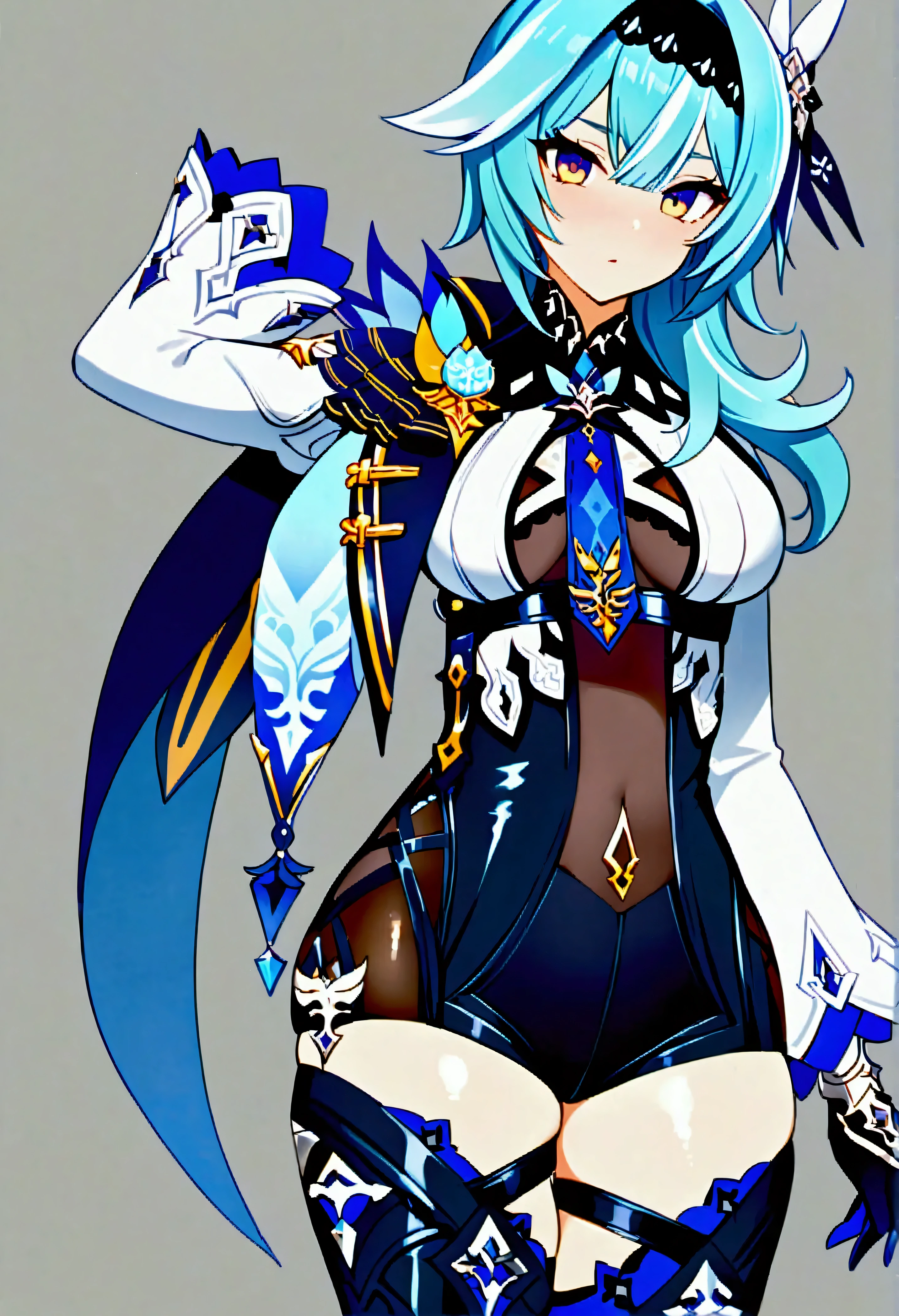 nsfw,masterpiece,Best Quality,High resolution,Very detailed, \(Genshin Impact\),bangs、Hair Accessories、Hair between the eyes、Blue Hair、Purple eyes、Side Lock、Hairbands、Medium Hair、黒いHairbands、Knee socks、gloves、Long sleeve、tie、黒gloves、Cape、leotard、青tie