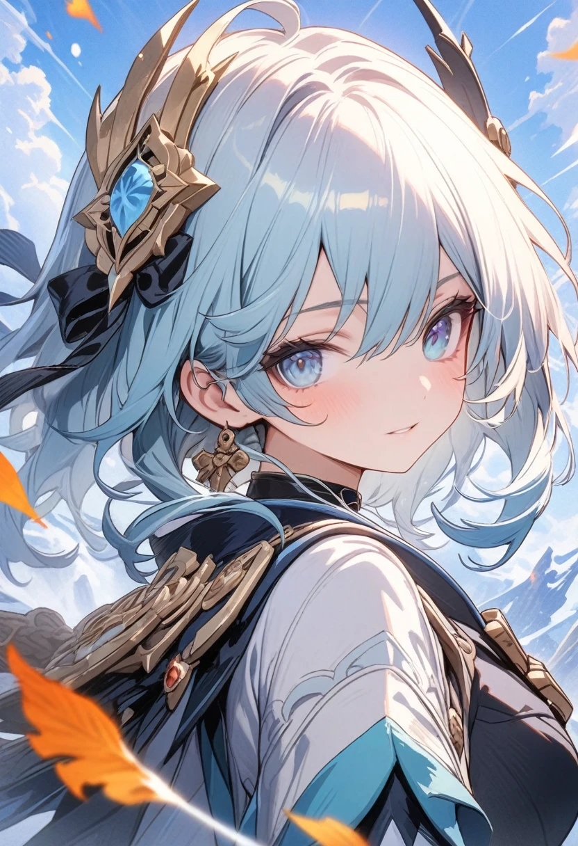 absurd res, high res, (masterpiece:1.4), ultra-detailed, 1girl, from above, space, floating, stockings, light blue hair, golden eyes, eulalawrencegi