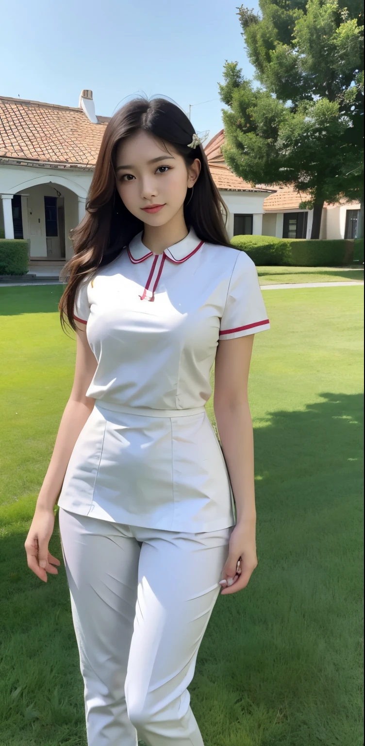 Beautiful girl taking photos on the villa lawn，Original photo，masterpiece，（Highly detailed skin：1.2），8K ultra-high image quality，Digital SLR camera，soft light，high quality，film grain，FUJI XT3，20 year old Asian woman，wear simple clothes，（White long nurse uniform:1.2.long skinny jeans:0.7，Costumes rich in details:1.3），（it&#39;It&#39;s raining，Clothes are wet:1.0，water droplets on skin）， Perfect body，Perfect breasts and nipple prominence，The legs are straight and thin，brand fashion shoes:0.6，Ultra-detailed facial features and skin，Fair pink face and skin，skin is pink，shining light，double eyelids，super detailed eyes，Sweet smile，high ponytail，fine jewelry， (Lip Gloss, eyelash, smooth face, best quality, Ultra-high resolution, warm color，wide lighting, natural shadow),sit on a bench，Open your legs boldly，revealing underwear，breast hyperexcitability， show your beautiful body, Full body photo: 1.8