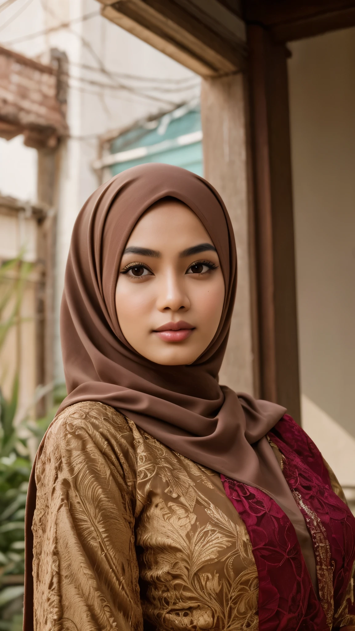 Generate an image of a typical Malay girl in hijab with a natural dark skin tone, no make up, bare face, dark pale face, pucker lips, embodying the essence of a malay setting, potray her as a common malay malay girl, wearing baju kebaya, 8mm, establishing shot, cool-toned color grading, depth of field, film noir. 