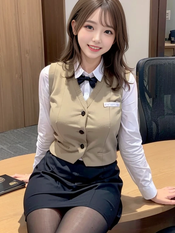 top-quality、Top image quality、​masterpiece、fully body photo、18yo woman、Dark brown shorthair、bangss、((Schoolgirl Uniform))、 ((no-bra、Puffy nipple、))、soft boob、breasts of medium size,、Kamimei、 Shy laughter、school classrooms、sit a chair、Flip the skirt with your hands、Show panties、((Grasp your breasts with both hands over your clothes、open one's legs、Open both knees))