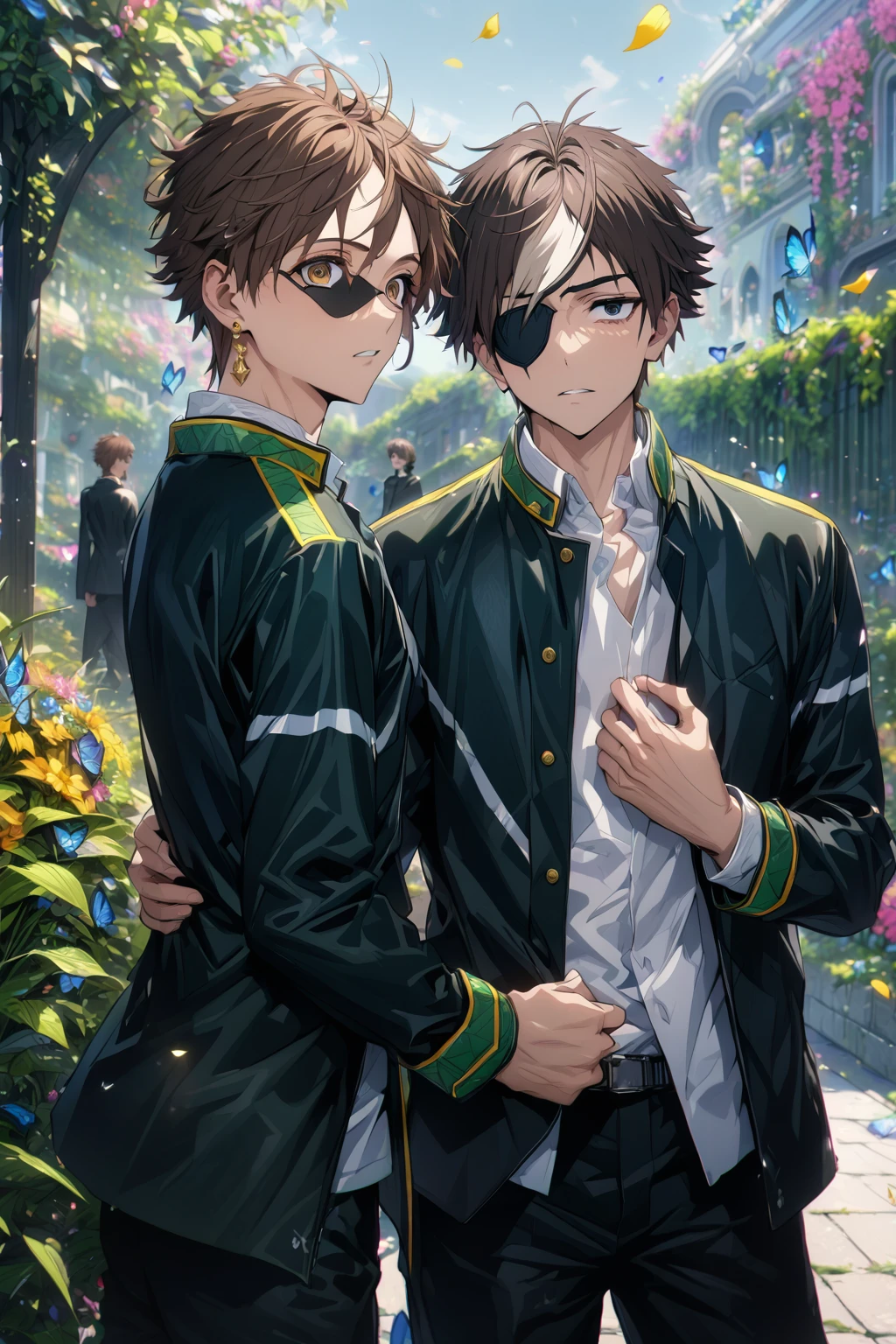 absurdres, highres, ultra detailed, HDR, master piece, Suo Hayato, brown hair, black eye patch, expressive brown eyes, Haruka Sakura, bicolor hair, left side of hair is black, right side of hair is white, expressive gray eyes, two sexy man together, best quality, Wind Breaker, solo, sensual, handsome, petals, black uniform, detailed face, glittering eyes, detailed eyes, garden, accessories, blue butterflies, flowers, white shirt, yellow long earrings, adult face