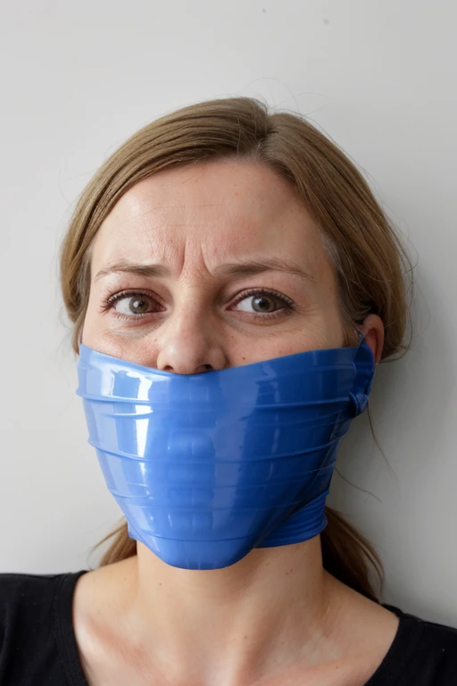 german woman, improvised gag, tape gag, gagged, panicking, blue vinyl tape, scared 