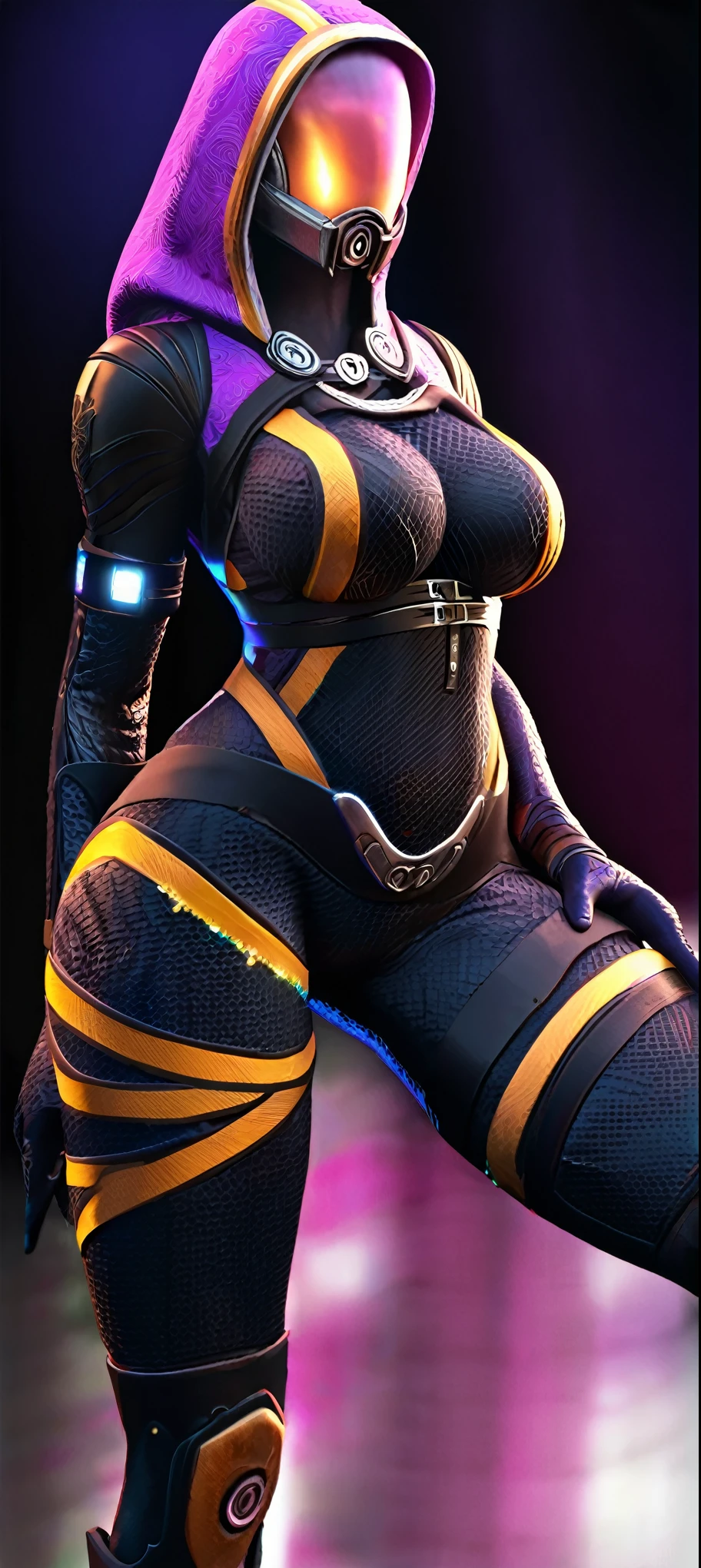 Tali Zora in her black suit from mass effect, divine female athletic figure, with beautiful breasts and hips, her mask and elements on her costume glow with a bright purple neon and illuminate a completely black background, She is depicted in full growth from head to toe on a black background, in detail down to the smallest detail, ultra realistic 8k graphics, elaborate lighting, ultra shaders, best quality, masterpiece