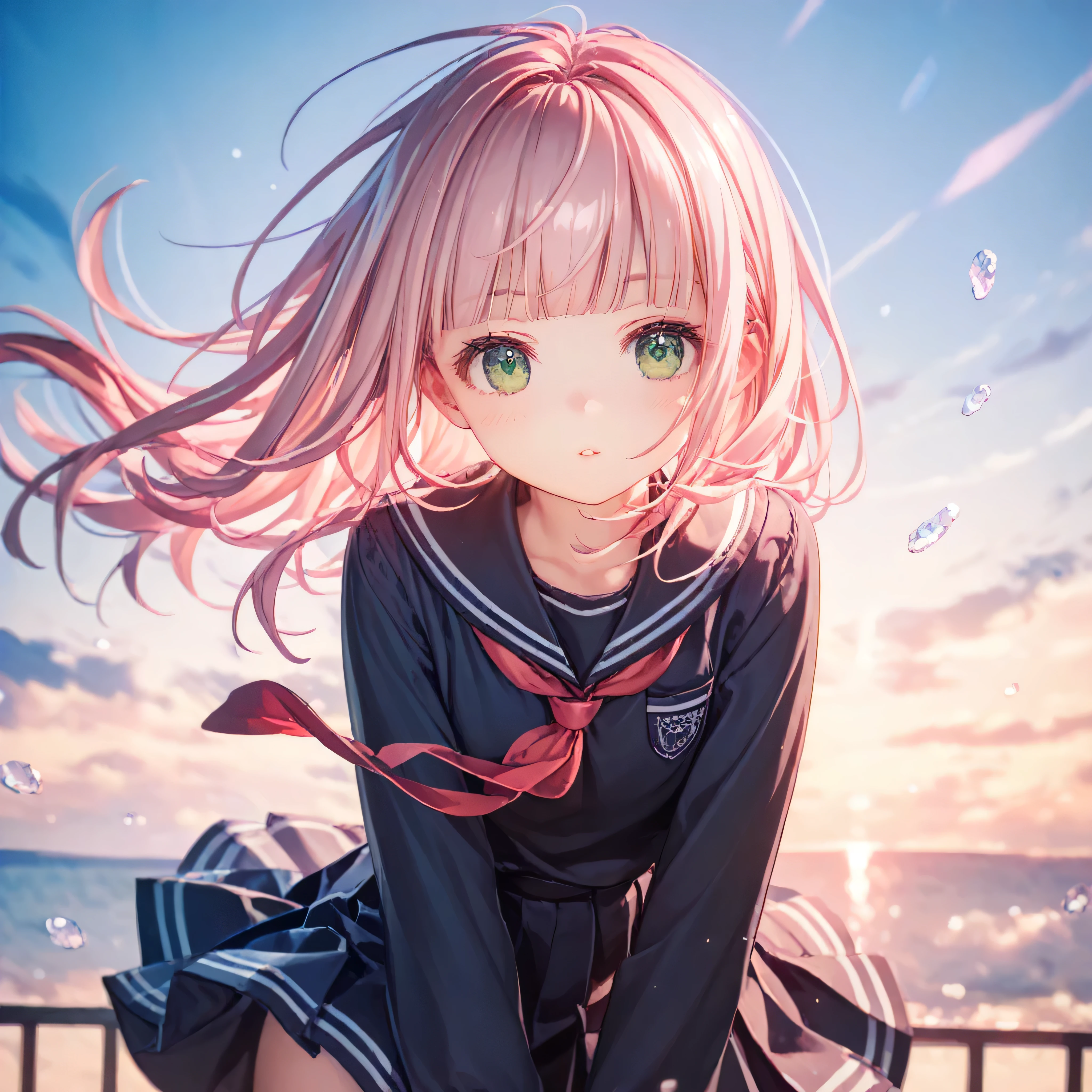luzao\(EOE\),one girl,solo,, best quality, absurdres, highres,source_anime,ultra-detailed,,break,1girl, beautiful detailed eyes, shorts, outdoors, wind, (Detailed Lighting), (Detailed background),break,(clear line illustration:1.2), super detailed skin, shiny skin, very aesthetic,by famous artist, 8k, 16k, cute picture,beauty illustration,photoshop_(medium),(Detailed Lighting),best anime 8k konachan wallpaper,(green eyes),(pearl-pink hair|Detailed hair|blunt bangs|shiny hair),(school uniform)