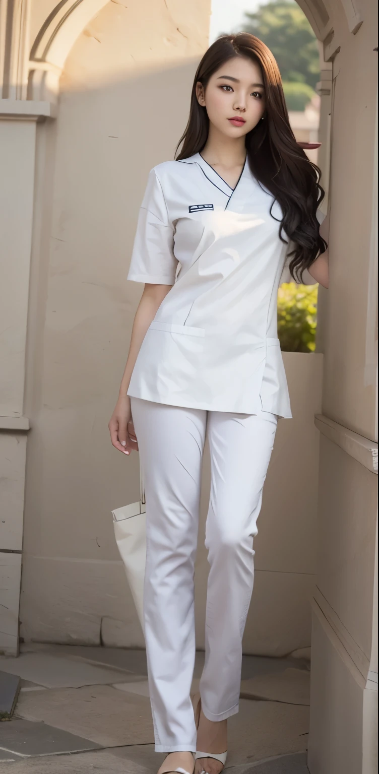 Beautiful girl taking photos on the villa lawn，Original photo，masterpiece，（Highly detailed skin：1.2），8K ultra-high image quality，Digital SLR camera，soft light，high quality，film grain，FUJI XT3，20 year old Asian woman，wear simple clothes，（White long nurse uniform:1.2.long skinny jeans:0.7，Costumes rich in details:1.3），（it&#39;It&#39;s raining，Clothes are wet:1.0，water droplets on skin）， Perfect body，Perfect breasts and nipple prominence，The legs are straight and thin，brand fashion shoes:0.6，Ultra-detailed facial features and skin（Detailed Skin:1.4），Fair pink face and skin，skin is pink，shining light，double eyelids，super detailed eyes，Sweet smile（Smiling with teeth:1.2），high ponytail（1.2），fine jewelry， (Lip Gloss, eyelash, smooth face, best quality, Ultra-high resolution, warm color，wide lighting, natural shadow),sit on a bench，Open your legs boldly，revealing underwear，breast hyperexcitability， show your beautiful body, Full body photo: 1.8