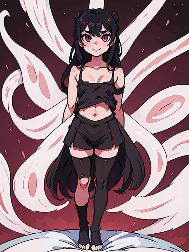 1girl, small size, big eyes, bratty, evil grin, Smile, Teeth, POV, From Above, Hair Ornament, cutie pie, Anime Style, Digital Art, Double Bun, Bangs, Anatomically Correct, High Quality, Looking at viewer, Blush, Horns, light outline, stirrup-cut stockings, toes exposed, fingerless gloves, small clothing, maliciously flirting, black nails, green hair, seductive, succubus,