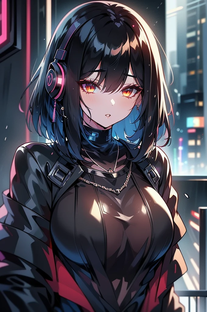 cyberpunk goth girl, short straight-cut bob, bangs, dark eyeshadow, red lips, headset, leather jacket, anime-themed t-shirt, necklaces, earrings, flying a helicopter over a cyberpunk street at night, neon signs, heavy rain, wet, wet hair, wet skin, wet clothes, bokeh, vibrant, surreal colours