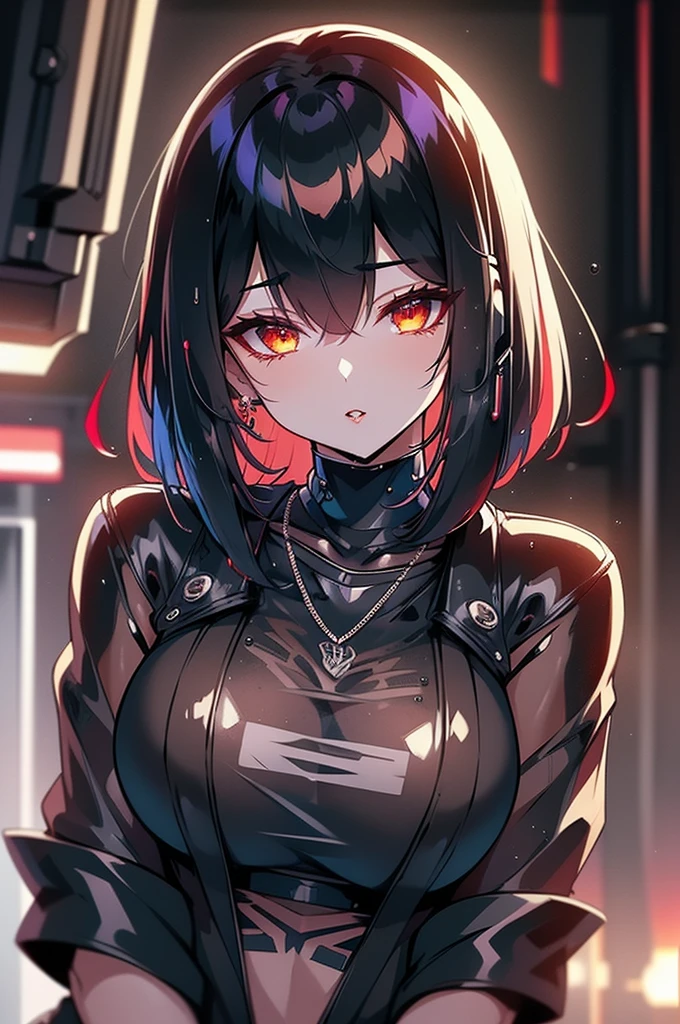 cyberpunk goth girl, short straight-cut bob, bangs, dark eyeshadow, red lips, headset, leather jacket, anime-themed t-shirt, necklaces, earrings, flying a helicopter over a cyberpunk street at night, neon signs, heavy rain, wet, wet hair, wet skin, wet clothes, bokeh, vibrant, surreal colours