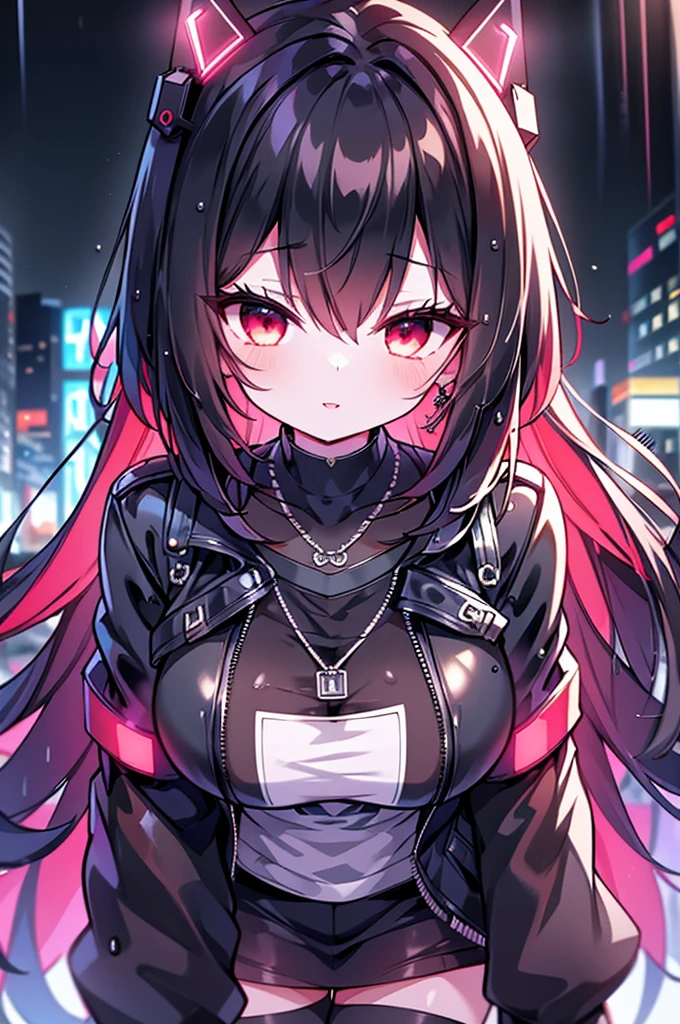 cyberpunk goth girl, short straight-cut bob, bangs, dark eyeshadow, red lips, headset, leather jacket, anime-themed t-shirt, necklaces, earrings, flying a helicopter over a cyberpunk street at night, neon signs, heavy rain, wet, wet hair, wet skin, wet clothes, bokeh, vibrant, surreal colours