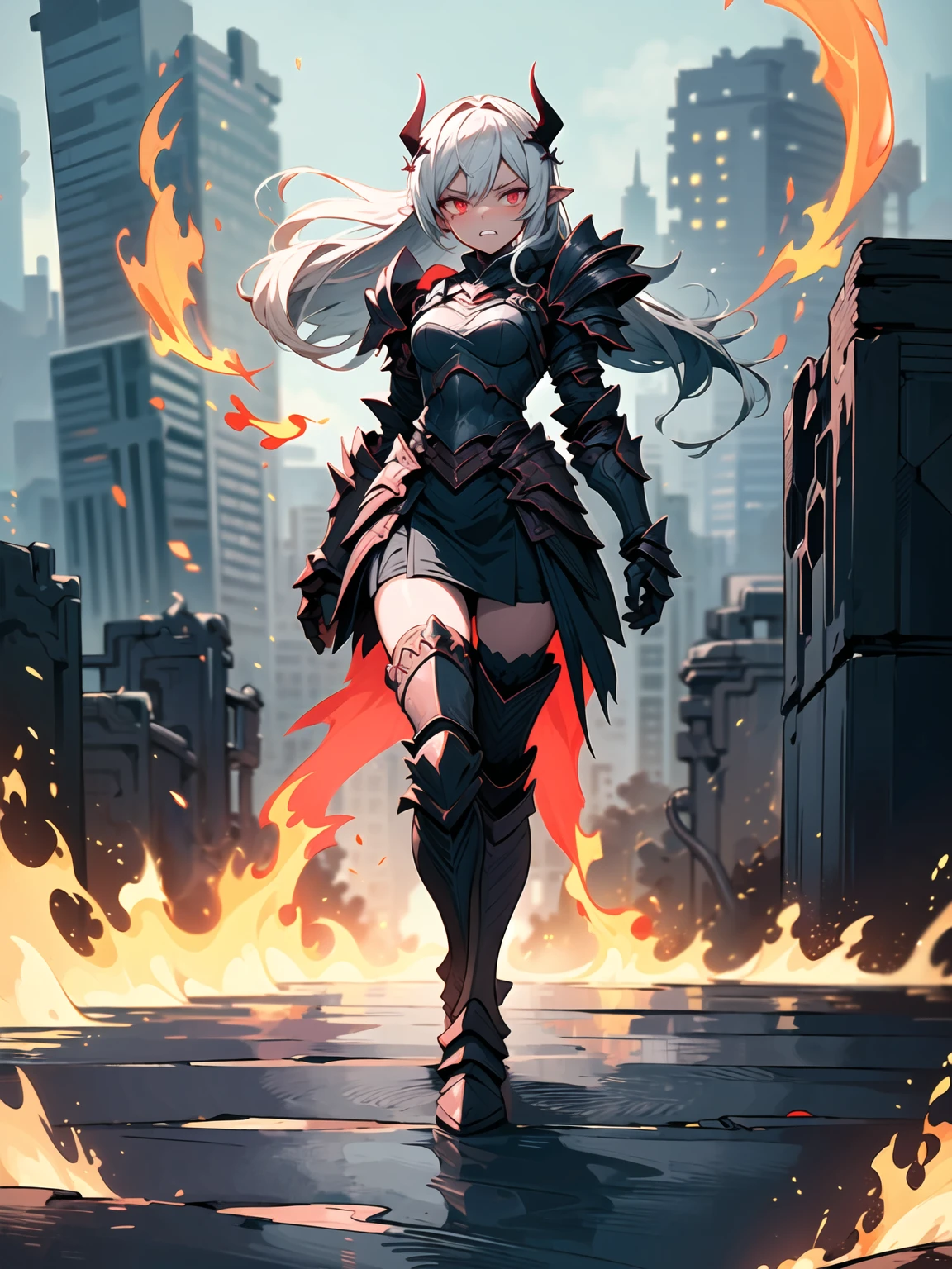 [Best quality], [Masterpiece], [Ultra-detailed], [8k], {intense|sinister} atmosphere, infernal landscape, {dynamic pose|seductive stance}, fiery illumination, {soft shadows|dramatic lighting}, {reflected light on charred ground:0.7}, {flickering dark flames:0.6}, {spectral figures:0.5}, {dark fortresses:0.4}, {jagged rock formations:0.3}.Full body shot of a captivating succubus with short white hair and piercing red eyes. She wears dark, intricately designed armor that clings to her form, adorned with demonic runes and sharp edges. Her armor exudes a menacing elegance, combining leather and metal with sinister, yet alluring details. In her hand, she wields a formidable, ornate spear that pulses with dark energy. She stands in a shadowy, infernal landscape, with dark flames and smoldering embers flickering around her, casting an eerie, red glow. The ground beneath her is cracked and charred, radiating an intense heat and reflecting the infernal light. Surrounding her are spectral figures in shades of black and crimson, adding to the ominous atmosphere. The background features twisted, jagged rock formations and looming, dark fortresses, hinting at a demonic realm. The scene is both seductive and threatening, with her face showing a seductive yet fierce expression, her eyes locked onto her next target.