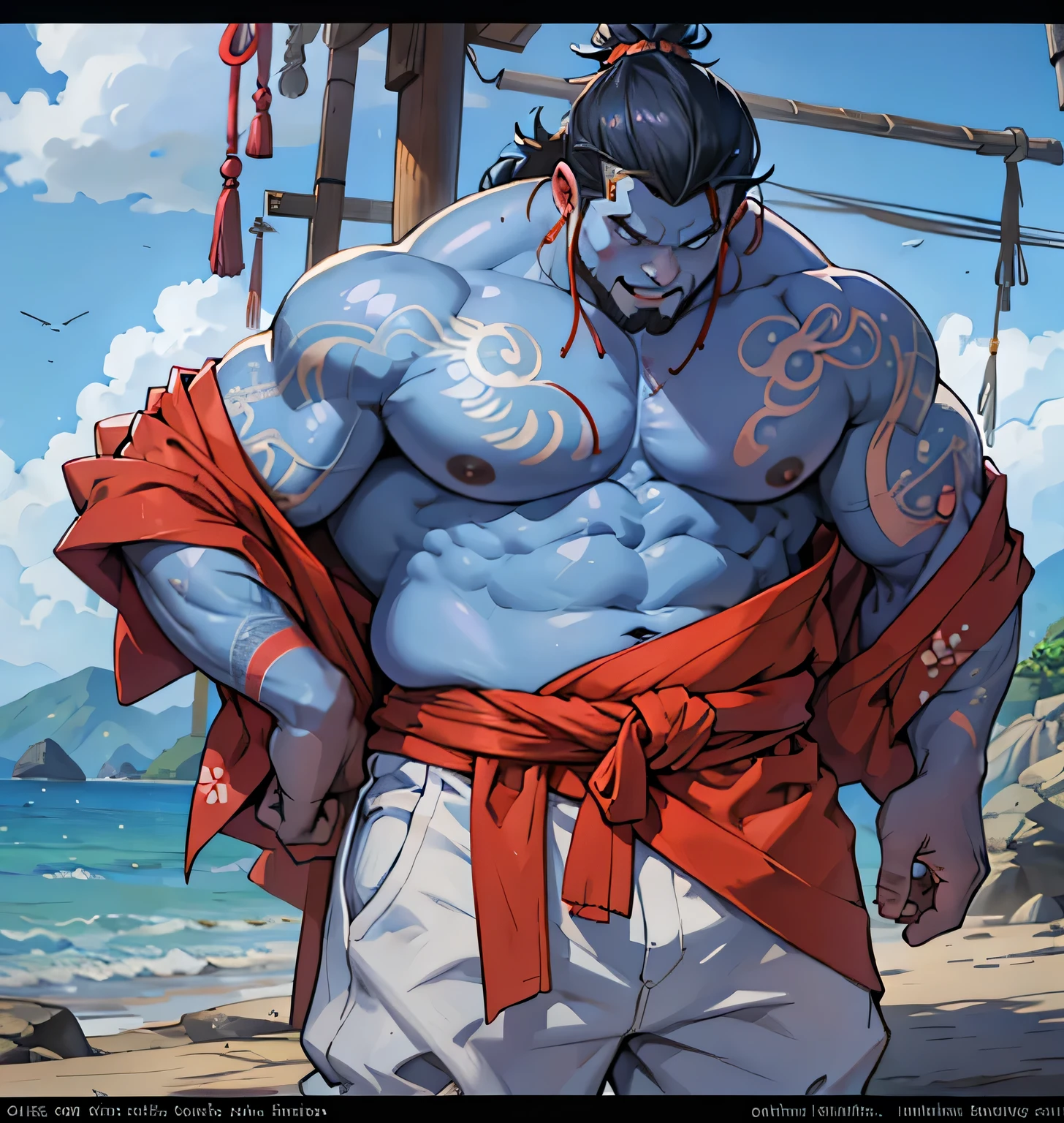 squab (Jinbei) standing (Wearing white pants and a kimono ), Blue skin, Fat and muscle, Chest tattoo, real, 8k, masterpiece, injured body 