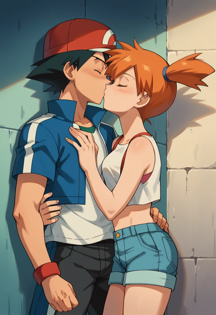  1boy, black hair, brown eyes, hair between eyes, ash ketchum, red hat, blue shirt, black pants, handsome boy, macho, good looking boy, 1girl, misty pokemon, orange hair, side ponytail, green eyes, white top, blue denim shorts, pretty, beautiful girl photograph of a 1 couple, his has eyes closed and is kissing her, while he has her cornered against the wall