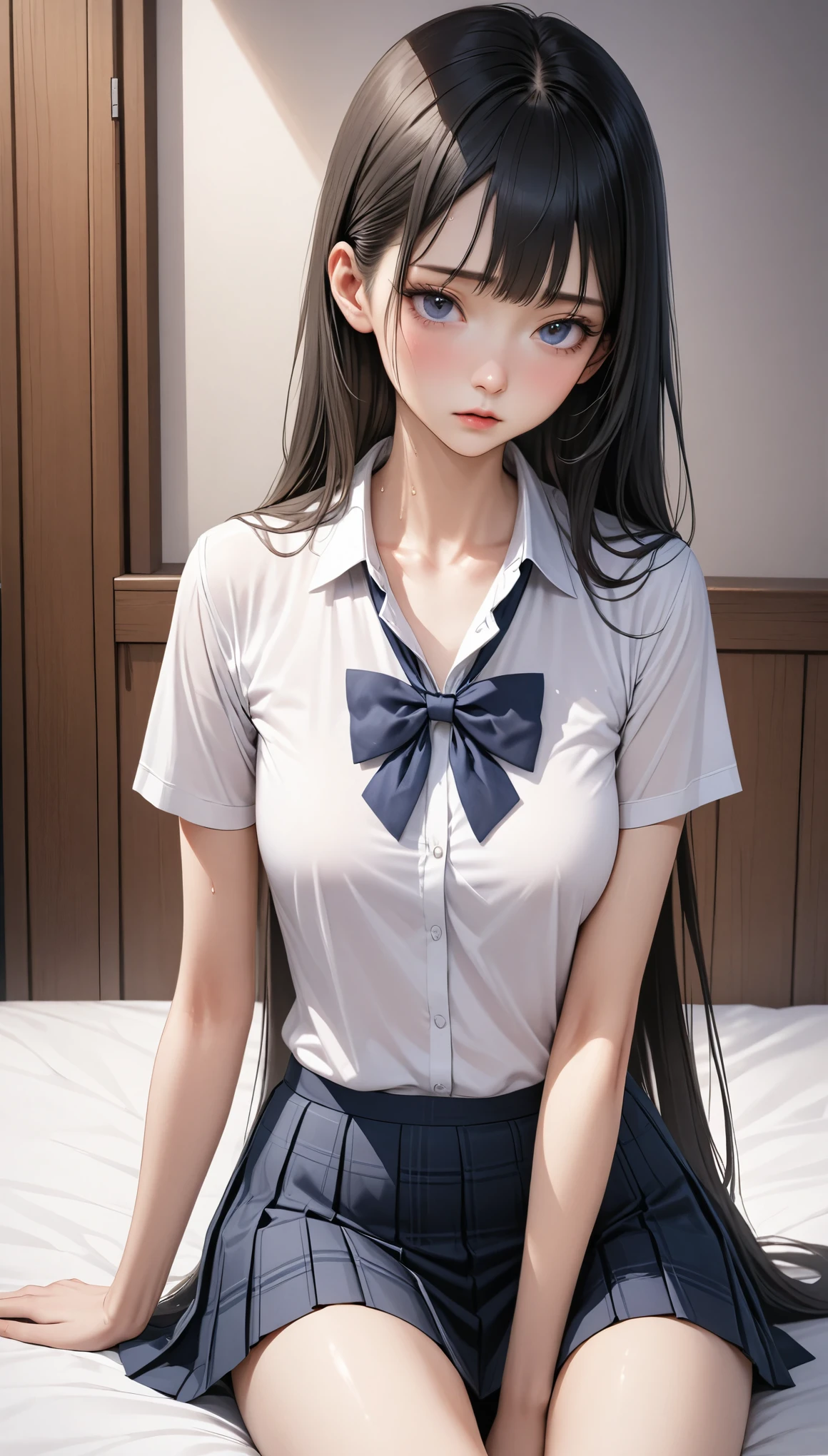 ((masterpiece,Best Quality:1.3,best quality illustrations,realistic)),cowboy shot,portrait,1 Japanese woman,young adult,straight long hair,black hair,very small head, bangs,gray eyes,gorgeous eyes,shy,very long body,medium breasts,(School uniform, collared white shirt,Short sleeve、dark blue bow), ((Navy blue checkered pleated mini skirt)),sweat,slender body,toned body,gleaming skin,sitting,Simple white bed、one bedroom apartment,