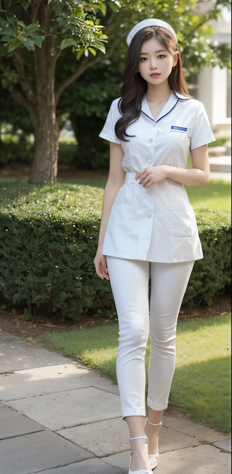 Beautiful girl taking photos on the villa lawn，Original photo，masterpiece，（Highly detailed skin：1.2），8K ultra-high image quality，Digital SLR camera，soft light，high quality，film grain，FUJI XT3，20 year old Asian woman，wear simple clothes，（White long nurse uniform:1.2.long skinny jeans:0.7，Costumes rich in details:1.3），（it&#39;It&#39;s raining，Clothes are wet:1.0，water droplets on skin）， Perfect body，Perfect breasts and nipple prominence，The legs are straight and thin，brand fashion shoes:0.6，Ultra-detailed facial features and skin，Fair pink face and skin，skin is pink，shining light，double eyelids，super detailed eyes，Sweet smile，high ponytail，fine jewelry， (Lip Gloss, eyelash, smooth face, best quality, Ultra-high resolution, warm color，wide lighting, natural shadow),sit on a bench，Open your legs boldly，revealing underwear，breast hyperexcitability， show your beautiful body, Full body photo: 1.8