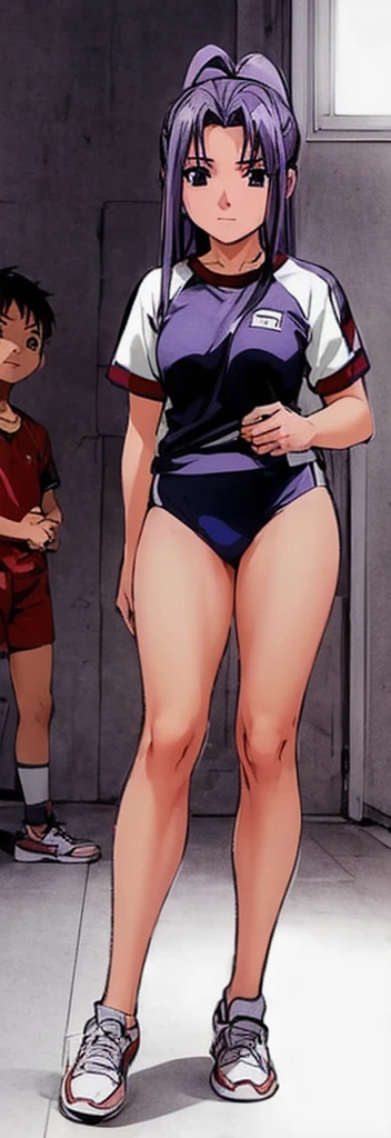 Momoko Koigakubo, a tall girl with beautiful legs, is standing with her legs spread to the sides in a white gym uniform and light navy blue bloomers that look like panties.。Next to Momoko Koigakubo is a smiling third grade boy wearing a tracksuit and holding her thigh.。