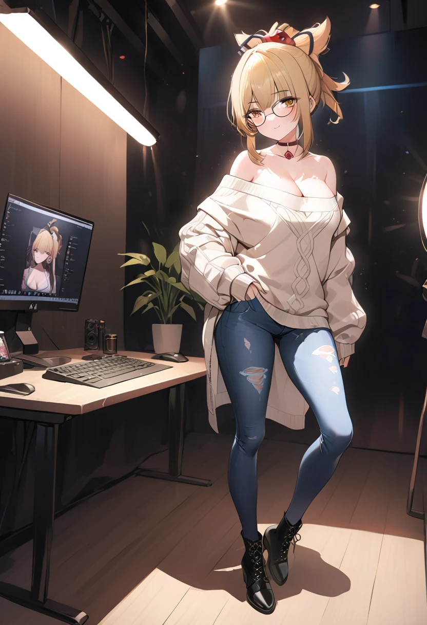 A stylish oversized sweater with a graphic design, skinny jeans, fashionable boots, beautiful detailed face, beautiful detailed eyes, beautiful detailed lips, highly detailed,8k, highres, masterpiece, ultra-detailed, studio lighting, vivid colors, fashion, trending, stylish, elegant, cinematic lighting,full body ,(\xiao gong\), full body, blonde hair,ponytail, hair ornament,yellow eyes,choker, cleavage,chestwhole body , solo, 1 person, full body 1women ,4k, 8k, uhd, hdr, detailed background,mature female, wearing round glasses, full body, indoors