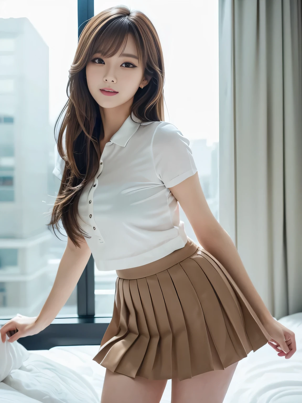Girl taking photo in white dress shirt and skirt, arms behind back, full body, slim figure, smile, small bust, slim girl model, 24 year old female model,