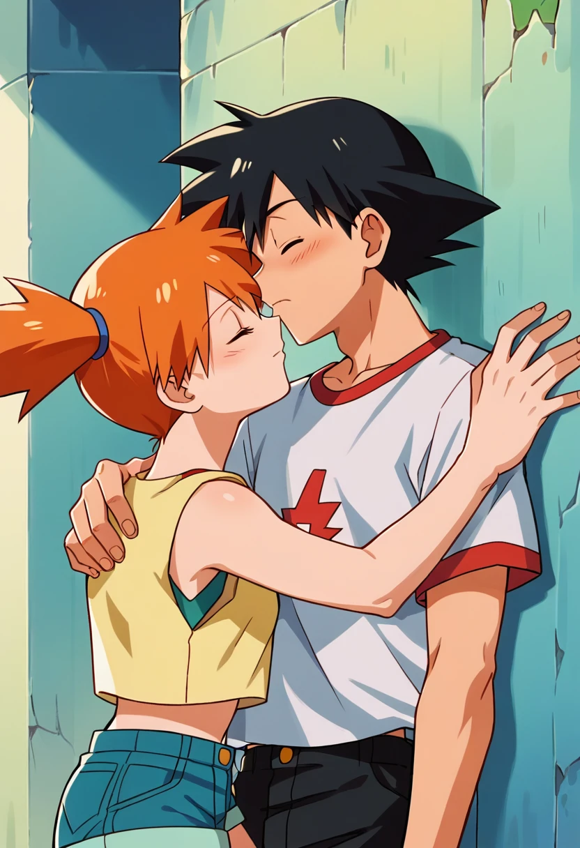 1boy, black hair, brown eyes, hair between eyes, ash ketchum, red hat, blue shirt, black pants, handsome boy, macho, good looking boy, 1girl, misty pokemon, orange hair, side ponytail, green eyes, white top, blue denim shorts, pretty, beautiful girl photograph of a 1 couple, his has eyes closed and is kissing her, while he has her cornered against the wall