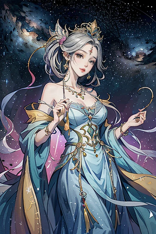 （masterpiece，Best Quality，High resolution, Unity8k wallpaper, Official Art), (One young beautiful girl), colorful, Detailed illustration art, Super detailed，Large Breasts, (Intertwined, Datura stramonium, Tangle), The Goddess, White lace dress, Silver Tiara, necklace, earrings, Gold Bracelet, Off the shoulder, Look at me and smile, Divine Light，Like a painting, flash drawing，Vibrant colors, Perfect Majic, Fantasy World, background, star雲, star, milky way, Detailed digital art, 