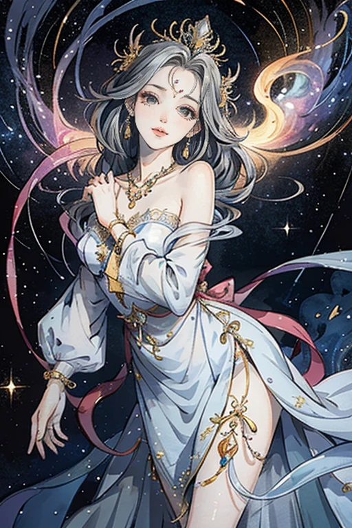 （masterpiece，Best Quality，High resolution, Unity8k wallpaper, Official Art), (One young beautiful girl), colorful, Detailed illustration art, Super detailed，Large Breasts, (Intertwined, Datura stramonium, Tangle), The Goddess, White lace dress, Silver Tiara, necklace, earrings, Gold Bracelet, Off the shoulder, Look at me and smile, Divine Light，Like a painting, flash drawing，Vibrant colors, Perfect Majic, Fantasy World, background, star雲, star, milky way, Detailed digital art, 