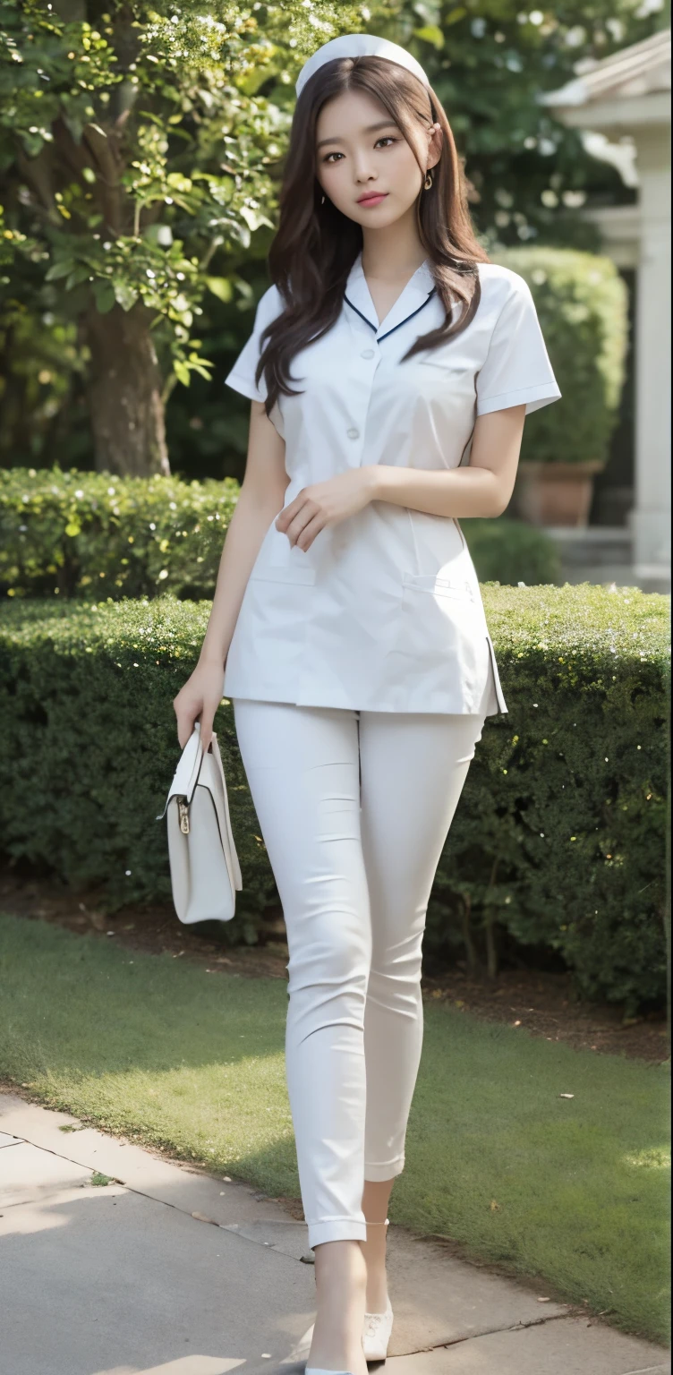 Beautiful girl taking photos on the villa lawn，Original photo，masterpiece，（Highly detailed skin：1.2），8K ultra-high image quality，Digital SLR camera，soft light，high quality，film grain，FUJI XT3，20 year old Asian woman，wear simple clothes，（White long nurse uniform:1.2.long skinny jeans:0.7，Costumes rich in details:1.3），（It&#39;s raining，Clothes are translucent when wet:1.0，water droplets on skin）， Perfect body，Perfect breasts and nipple prominence，The legs are straight and thin，brand fashion shoes:0.6，Ultra-detailed facial features and skin:1.0，Fair pink face and skin，skin is pink，shining light，double eyelids，super detailed eyes，Sweet smile showing teeth，High ponytail, smooth and straight hair（Hair floating and glowing:0.6），fine jewelry， (Lip Gloss, eyelash, smooth face, best quality, Ultra-high resolution, warm color，wide lighting, natural shadow),sit on a bench，Open your legs boldly，revealing underwear，breast hyperexcitability， show your beautiful body, Full body photo: 1.8