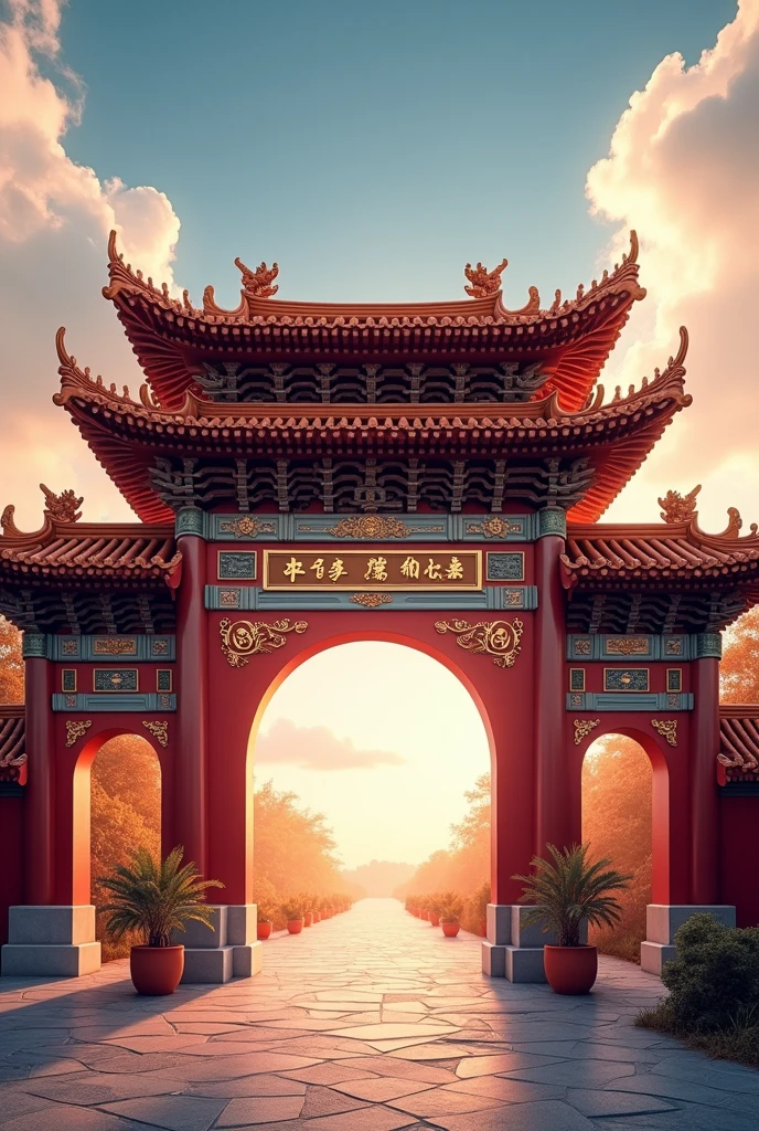 Chinese style，With Chinese tradition as background，一座刻有“Nantianmen”（Nantianmen）Chinese gatehouse with plaque，Standing in the sky，Auspicious Clouds，Bling，From the front，There is an upward angle，