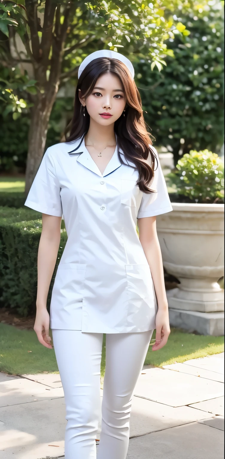 Beautiful girl taking photos on the villa lawn，Original photo，masterpiece，（Highly detailed skin：1.2），8K ultra-high image quality，Digital SLR camera，soft light，high quality，film grain，FUJI XT3，20 year old Asian woman，wear simple clothes，（White long nurse uniform:1.2.long skinny jeans:0.7，Costumes rich in details:1.3），（It&#39;s raining，Clothes are translucent when wet:1.0，water droplets on skin）， Perfect body，Perfect breasts and nipple prominence，The legs are straight and thin，brand fashion shoes:0.6，Ultra-detailed facial features and skin:1.0，Fair pink face and skin，skin is pink，shining light，double eyelids，super detailed eyes，Sweet smile showing teeth，High ponytail, smooth and straight hair（Hair floating and glowing:0.6），fine jewelry， (Lip Gloss, eyelash, smooth face, best quality, Ultra-high resolution, warm color，wide lighting, natural shadow),sit on a bench，Open your legs boldly，revealing underwear，breast hyperexcitability， show your beautiful body, Full body photo: 1.8