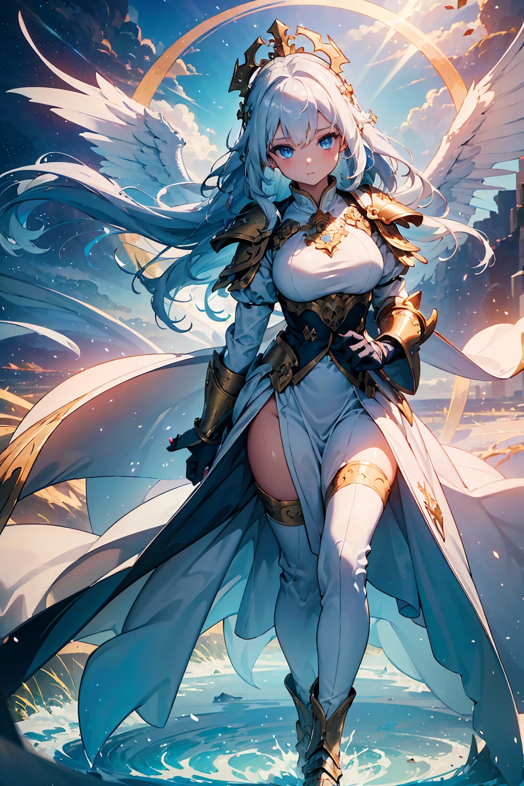 (((masterpiece, best quality, 8k))), celestial female warrior, (full-body), radiant white dragon armor, adorned with glowing angelic symbols, ethereal white light emanating from her, long flowing platinum hair, delicate strands catching the divine light, serene and confident expression, piercing ice-blue eyes, walking through a heavenly realm of floating islands, bathed in a soft golden glow, dragons with luminescent wings soaring in the dawn sky, light beams and clouds swirling around, (celestial lighting, soft white radiance)