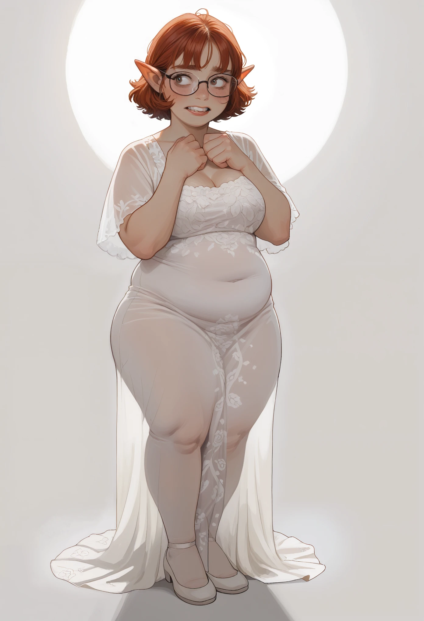 1 girl, nerdy elf woman, big teeth, glasses, (shy emotions:1.3) looking away, white elaborate elvish dress, transparent dress, (breasts silhouette), light beams, (tall torso), (bottom heavy body:1.3), (chubby), ((rivendell during autumn background)), extreme details, huge thighs, short red hair, (boyish face:1.1), , detailed background , volumetric lighting, high definition, realistic anime , (tall and chubby, long legs), (extremely detailed face:1.1), (large and wide breasts